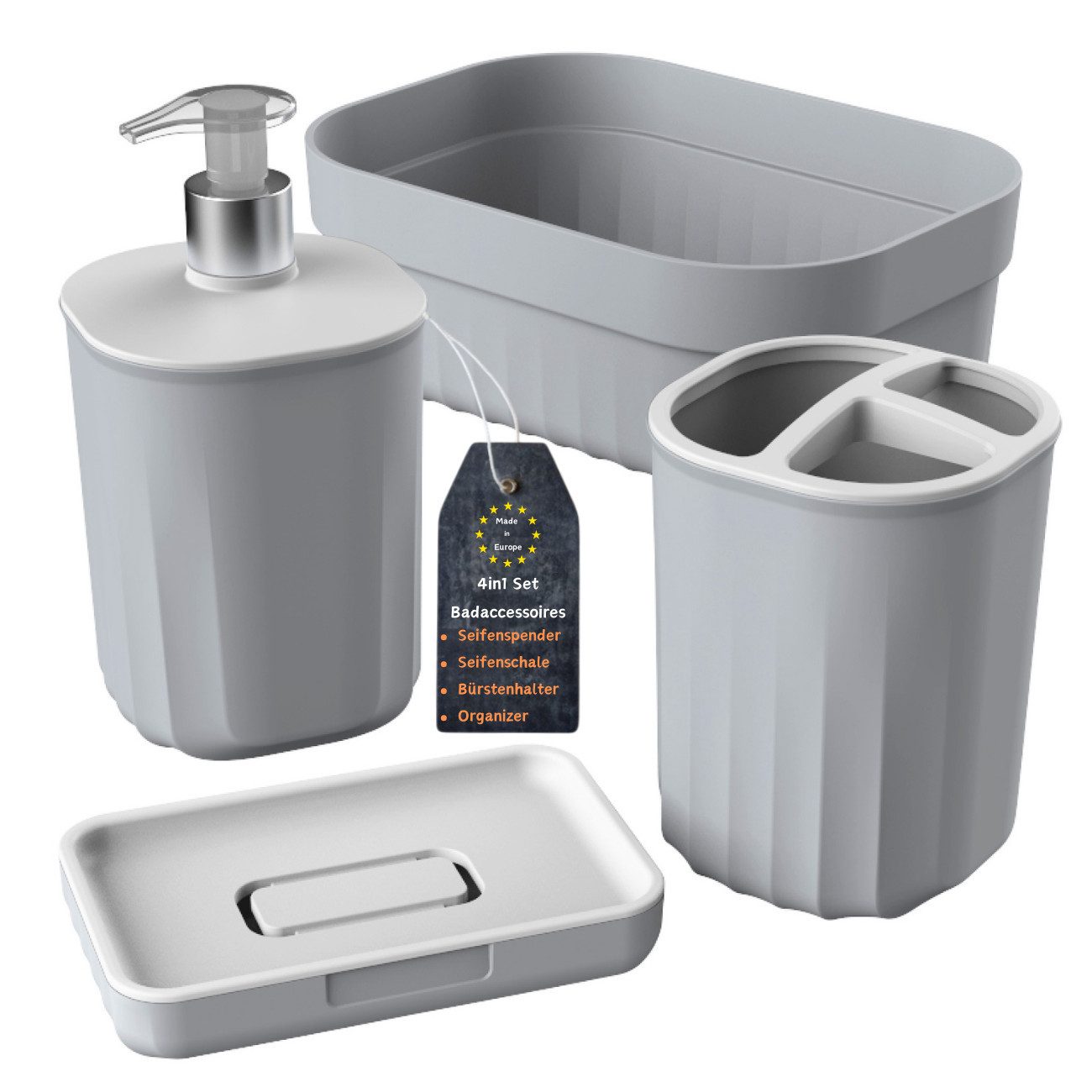 Engelland Badaccessoire-Set Badezimmer-Set, 4-teilig, bestehend aus Seifenspender, Seifenschale, Zahnbürstenhalter & Organizer, Vorteils-Set, 4 tlg., 4-teilig, modernes Design, robuster Kunststoff, BPA-frei, Rillen-Optik