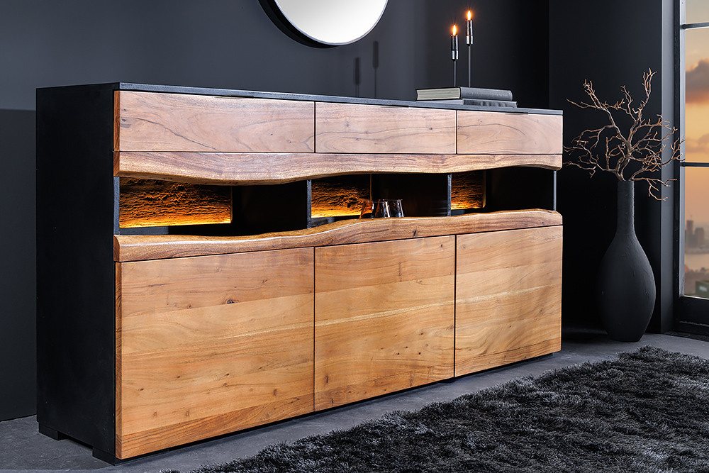 riess-ambiente Sideboard GRAND ACACIA 180cm braun/schwarz - Akazie-Massivholz, LED-Beleuchtung (Einzelartikel, 1 St), handmade & Design mit Baumkante - ideal für Wohn- und Schlafzimmer