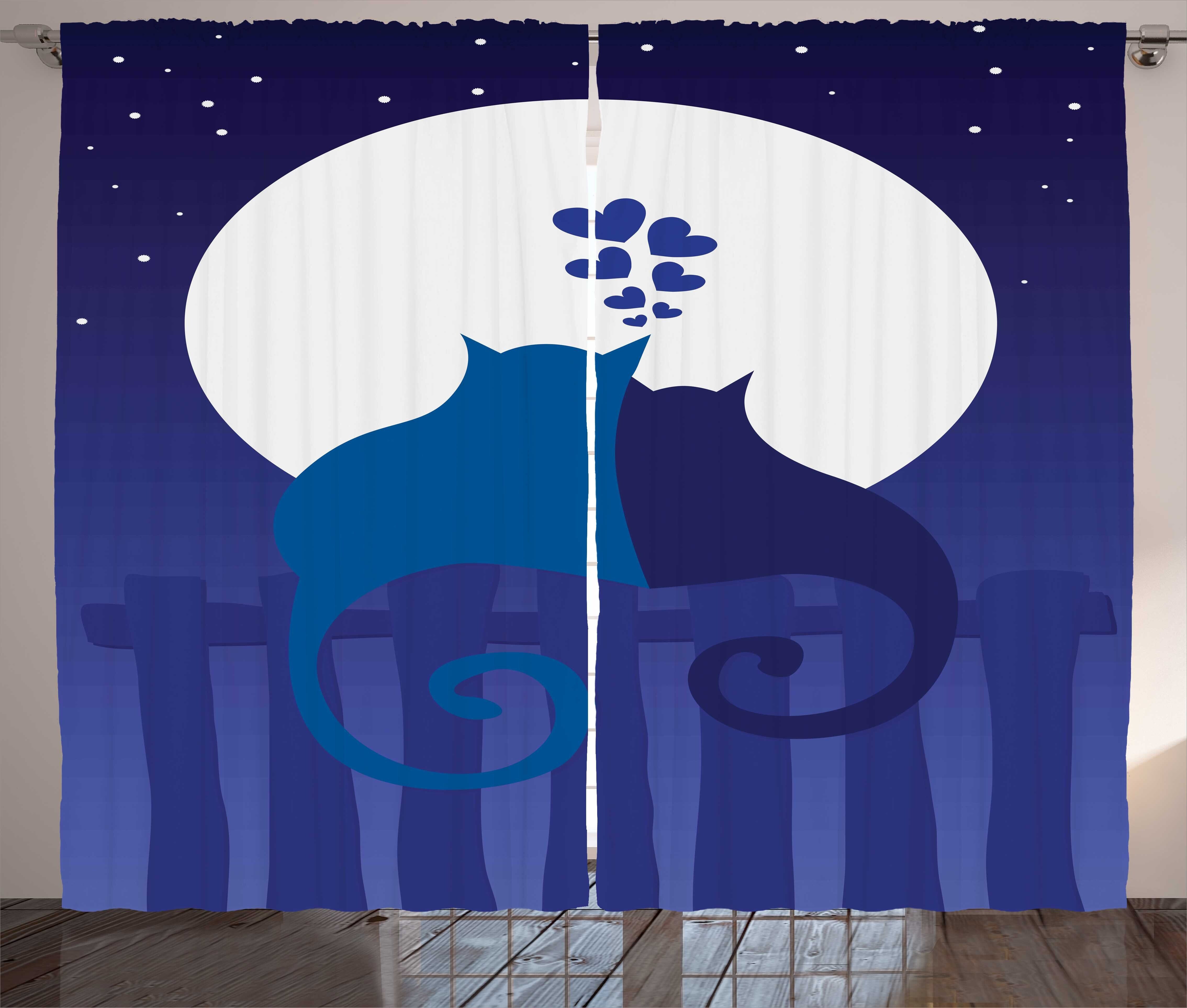 Gardine Schlafzimmer Kräuselband Vorhang mit Schlaufen und Haken, Abakuhaus, Zaun Katzen in der Liebe in der Nacht Cartoon