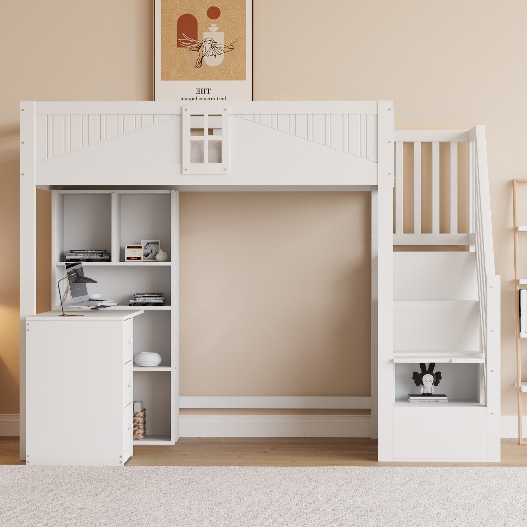 Flieks Hochbett Kinderbett 90x200cm mit Stauraumtreppe günstig online kaufen
