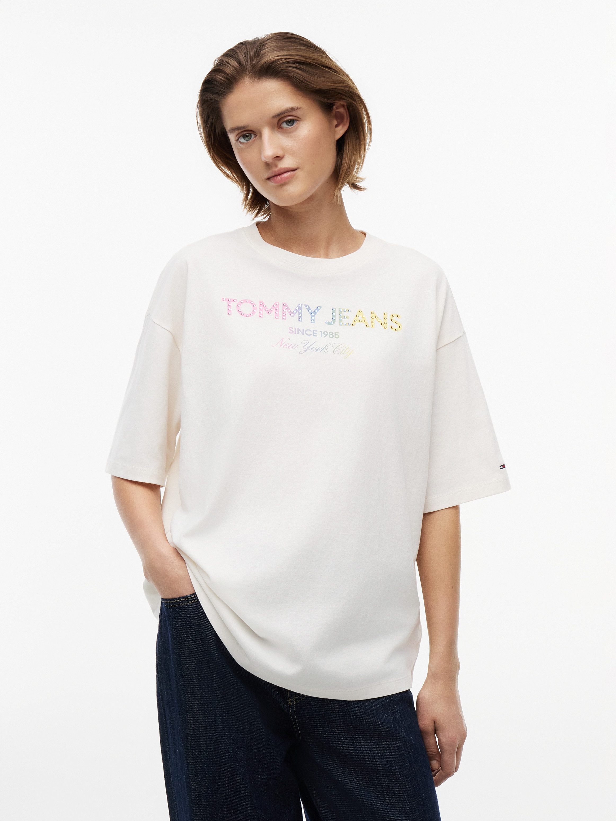 Tommy Jeans T-Shirt TJW OVS TJ BLING GMD TEE Baumwolle, Glitzerdetails, Logodruck