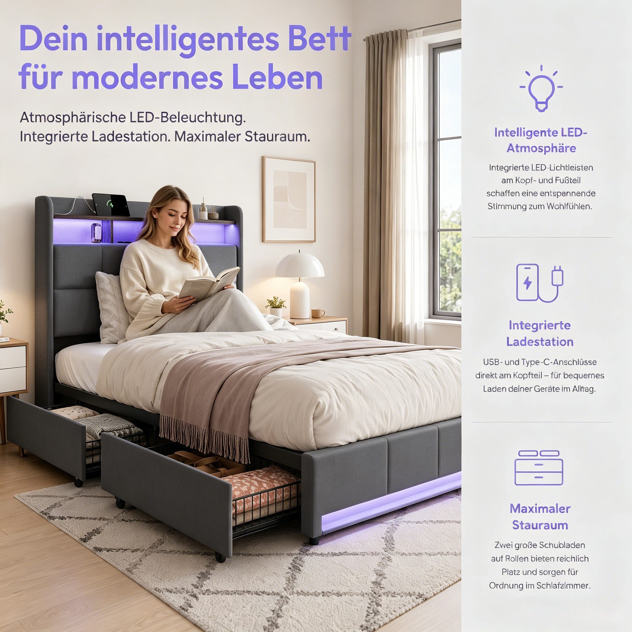Furnishings Home Polsterbett LED Doppelbett Stauraumbett mit Kopfteil und 4 Schubladen (Leinenmaterial Polsterbett mit RGB Beleuchtung), mit Lattenrost und Ladefunktion, mit Komforthöhe, Leises Design Bett
