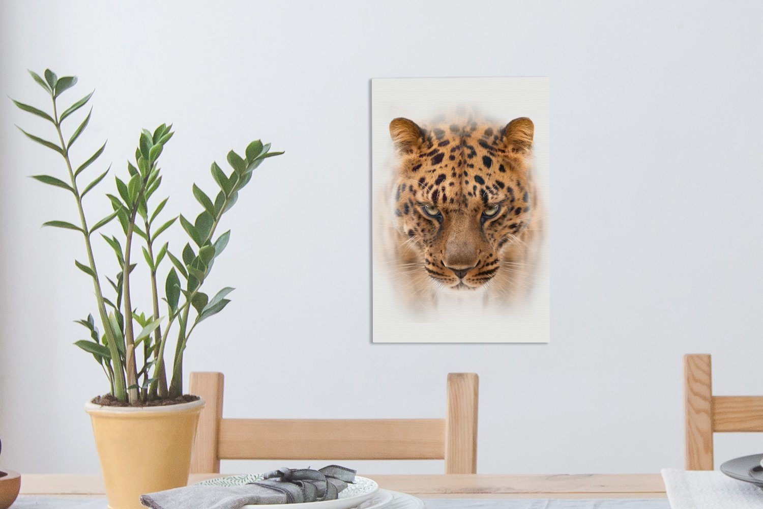 OneMillionCanvasses® Leinwandbild bespannt Weiß, fertig Gemälde, St), Leopard inkl. cm - Zackenaufhänger, Kopf Leinwandbild 20x30 - (1