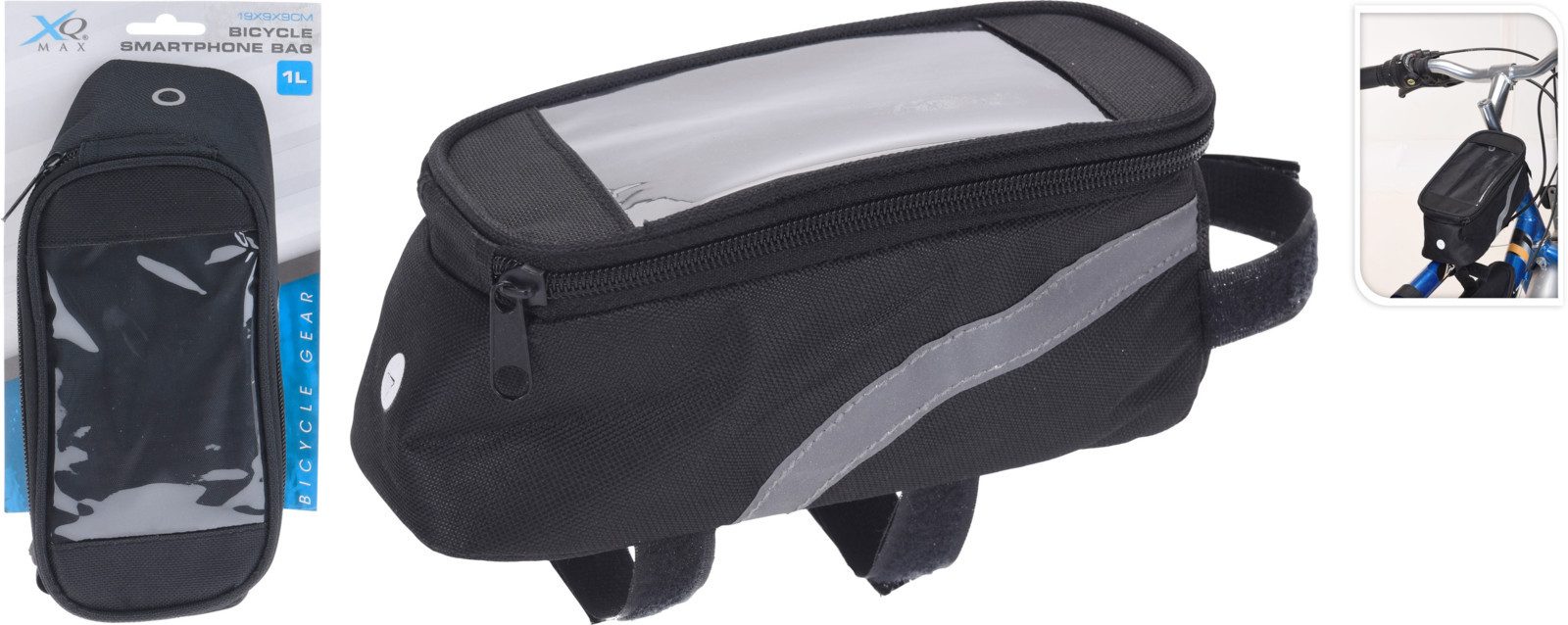 Koopman Rahmentasche Fahrradtasche Bike Bag Klett Reißverschluss Schwarz 1 L (Stück, 1-tlg., Packung), Fahrradtasche, 1L, Smartphonetasche, Tasche, Handytasche