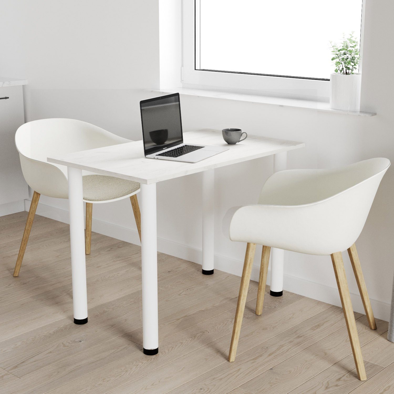AKKE Esstisch, Esszimmertisch mit weißen Beinen Küchentisch Bürotisch 2mm PVC Weiss Craft