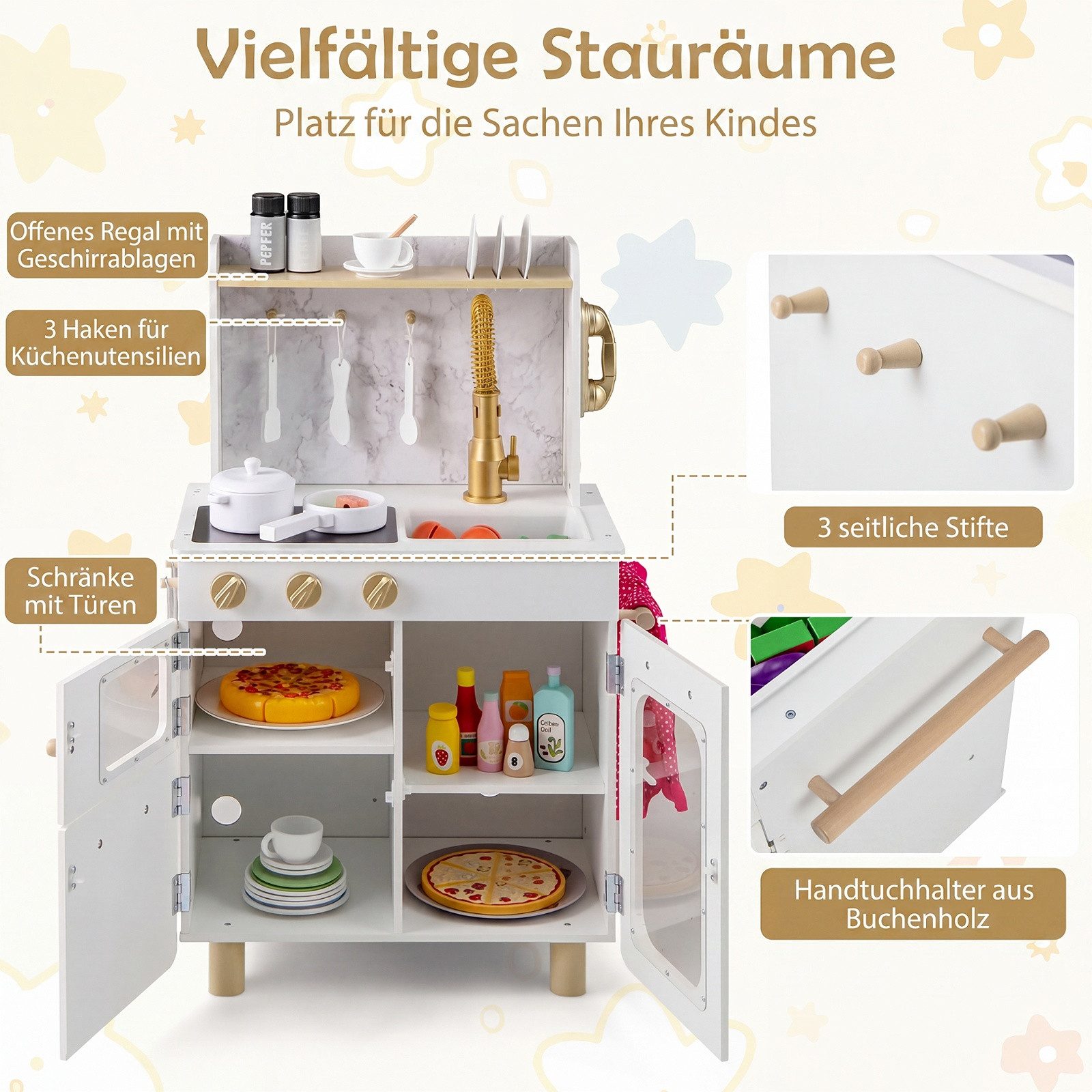 COSTWAY Spielküche Holzwerkstoff, PP, ABS, Kinderküche, Interaktive Holz-Spielküche für kleine Köche