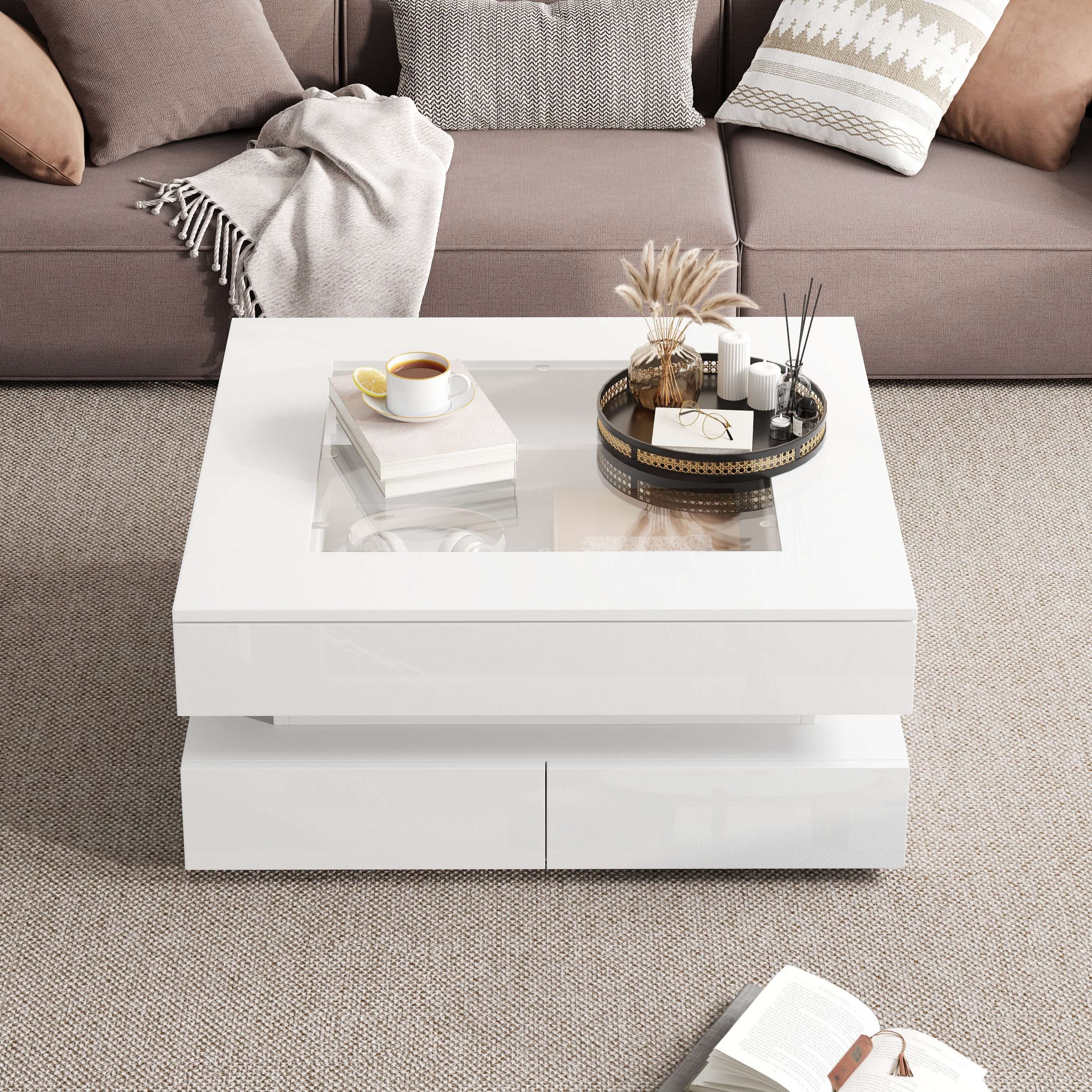 Merax Couchtisch hochglanz Sofatisch Beistelltisch mit LED-Beleuchtung (1-St), Wohnzimmertisch mit Glasplatte und 3 Schubladen, 70x70x35cm