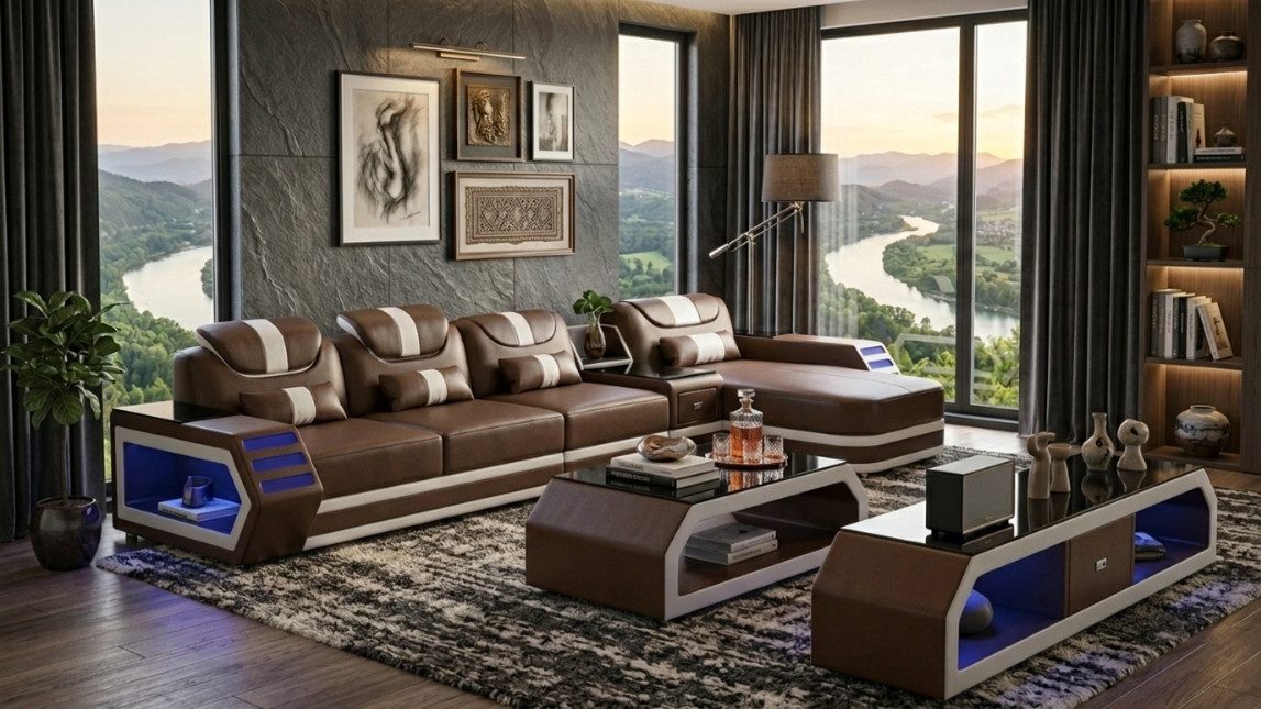 JVmoebel Ecksofa Modern Ecksofa L-Form Couchtisch Schwarz LED Sofa Set Couch TV-Möbel, 3 Teile, Made in Europa, Eckcouch