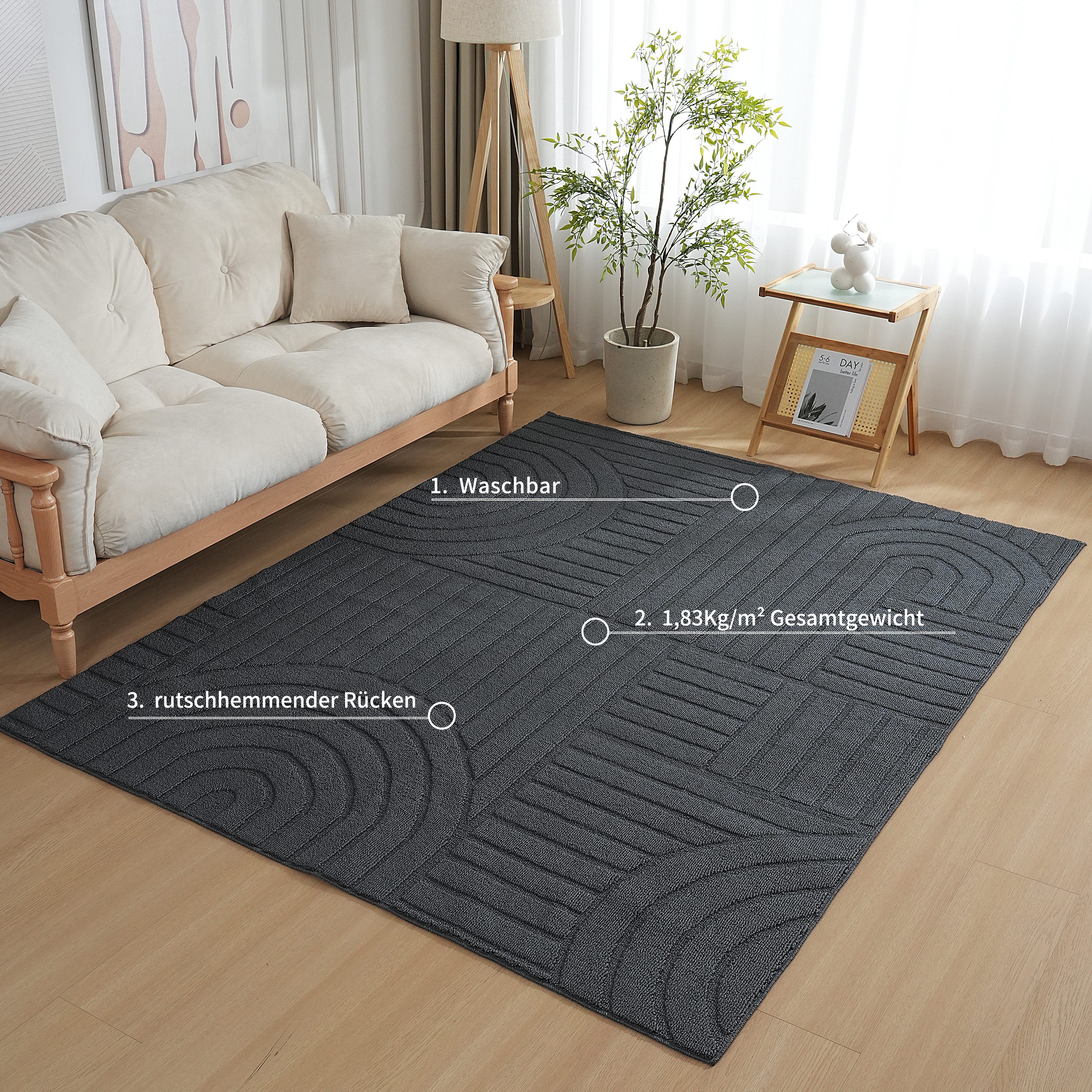 OTTO home Teppich Neele, Boho-Design, Hoch-Tief, waschbar, rechteckig, Höhe: 12 mm, 3D Optik, Skandinavisch, Designteppich, Wohnzimmer, Schlafzimmer