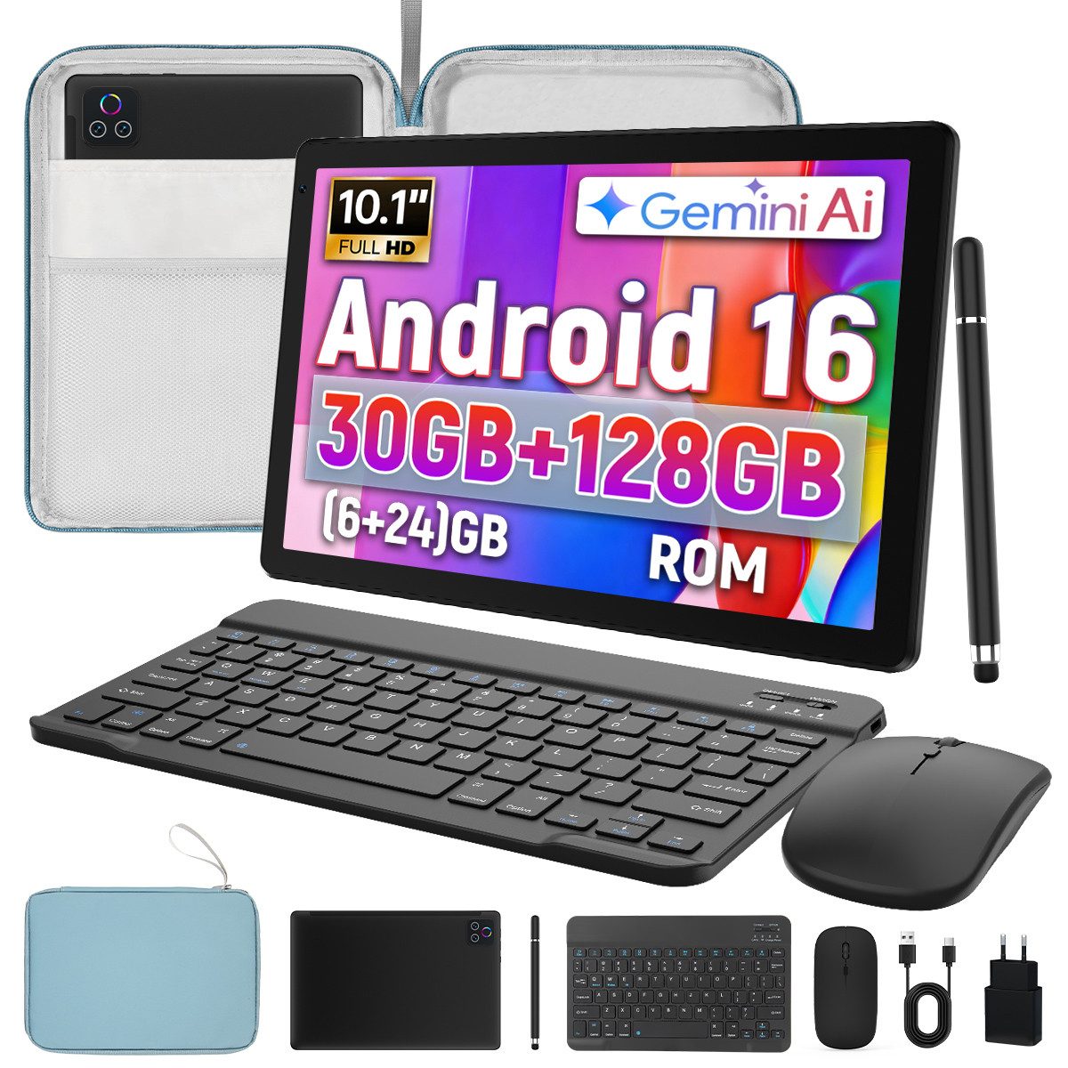 Happybe 10 Zoll Android 16, 30(6+24)GB RAM+128GB ROM, mit Tastatur & Tasche Tablet (10,1", 128 GB, Android)
