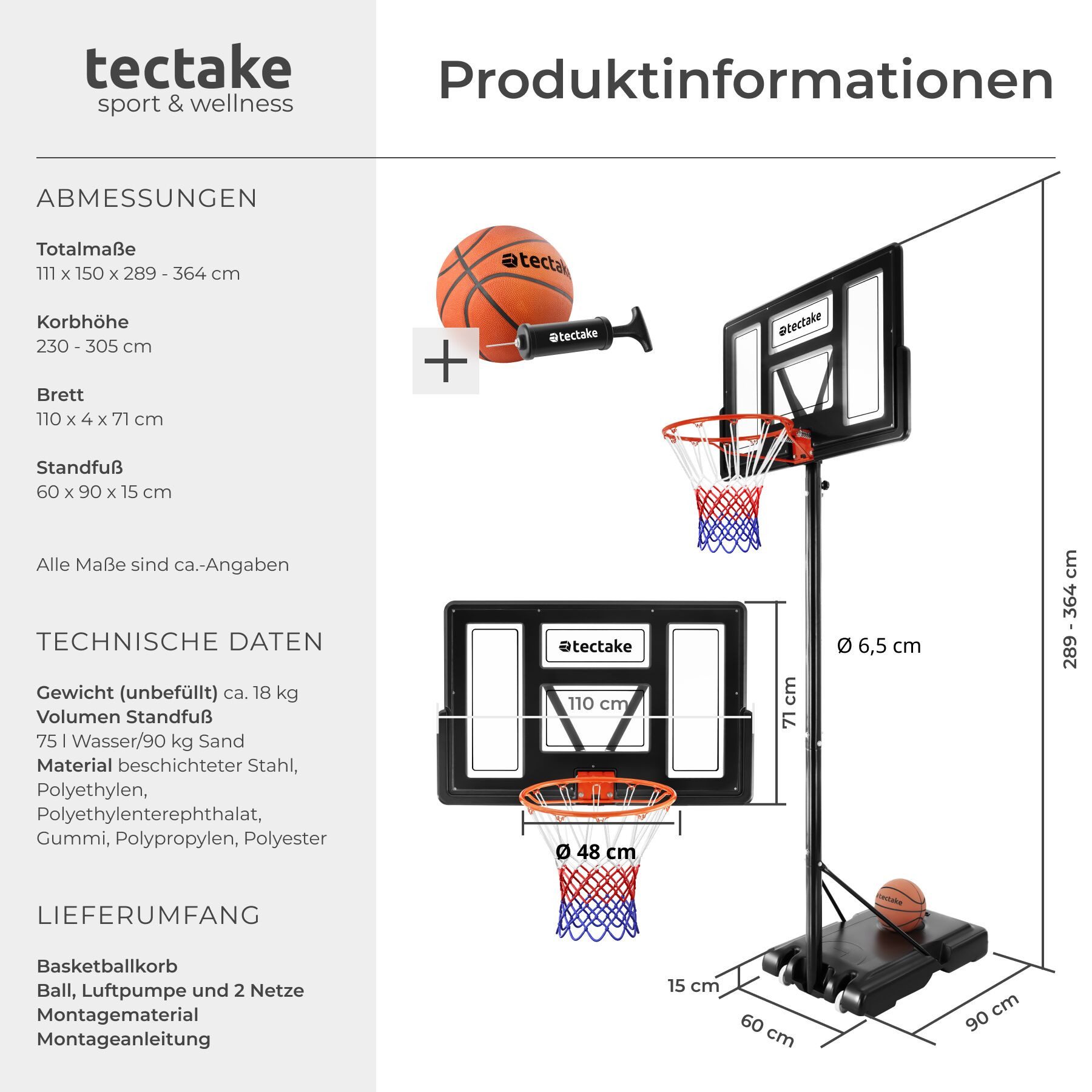 tectake Basketballkorb Basketballanlage Dirk, Korbhöhe 230 - 305 cm, mit Ball & Pumpe (Komplettset, Korbanlage inkl. Basketball, Luftpumpe und 2 Netze), Basketballanlage mit höhenverstellbaren Korb