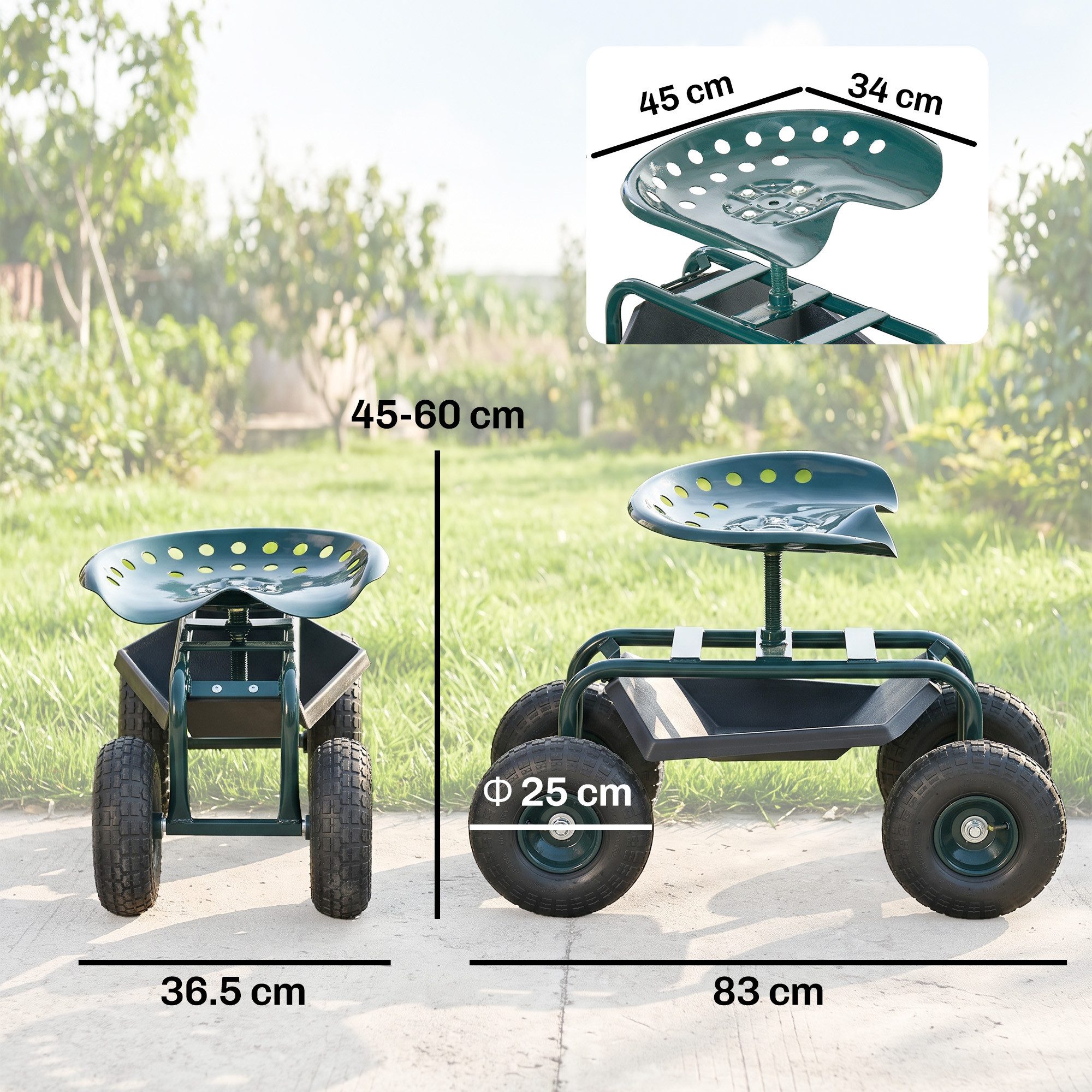 Outsunny Werkzeugwagen Rollsitz Werkstattwagen mit Ablage Korb, mit Stauraum, max. Traglast:150 kg, (Gartenrollsitz, 1-tlg., Arbeitssitz), für kleine Gartengerä – Bild 3 von 5
