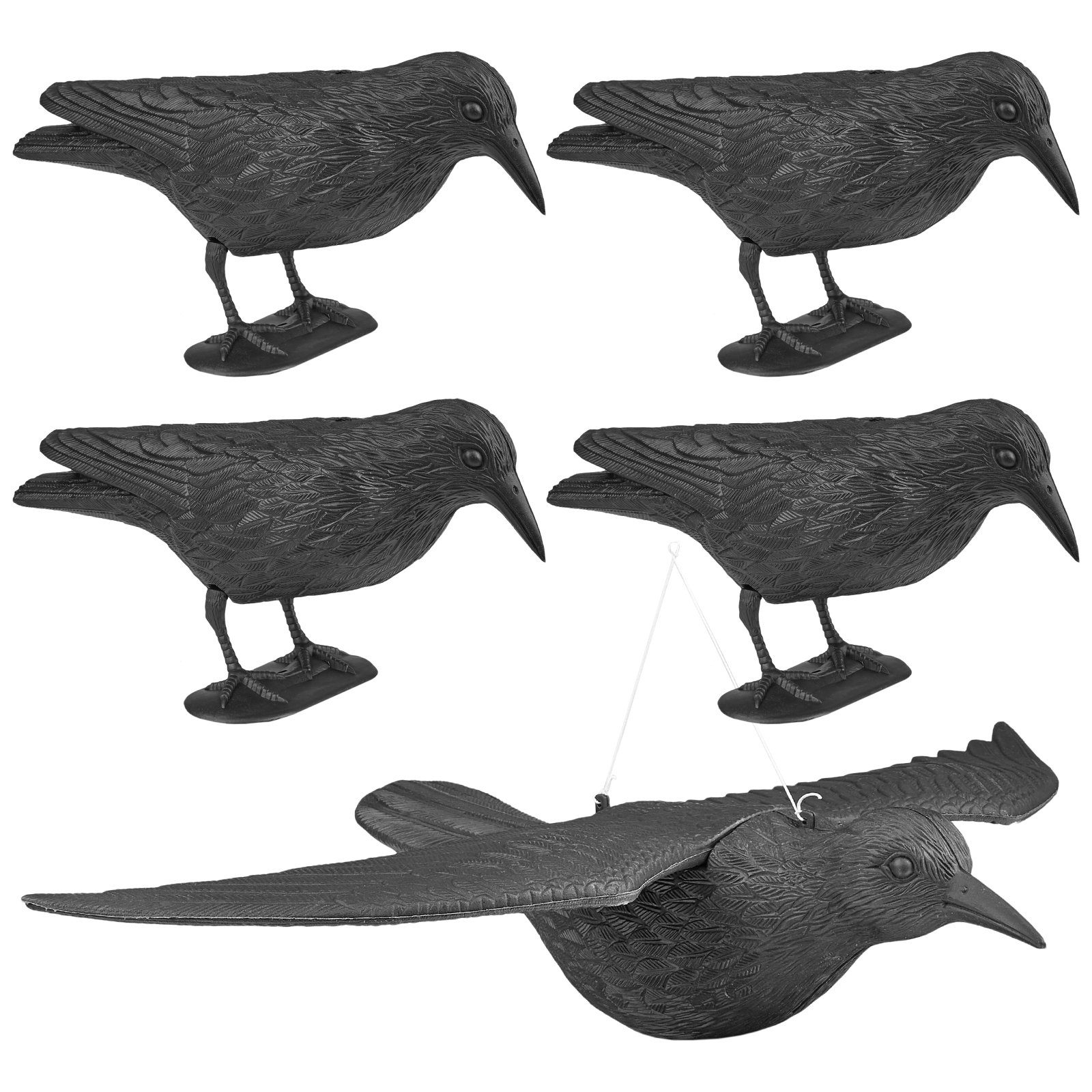 Wellgro Gartenfigur 5 x WELLGRO® Vogelschreck - 4 x Krähe sitzend & 1 x Krähe fliegend - Kunststoff, schwarz, (5 St)