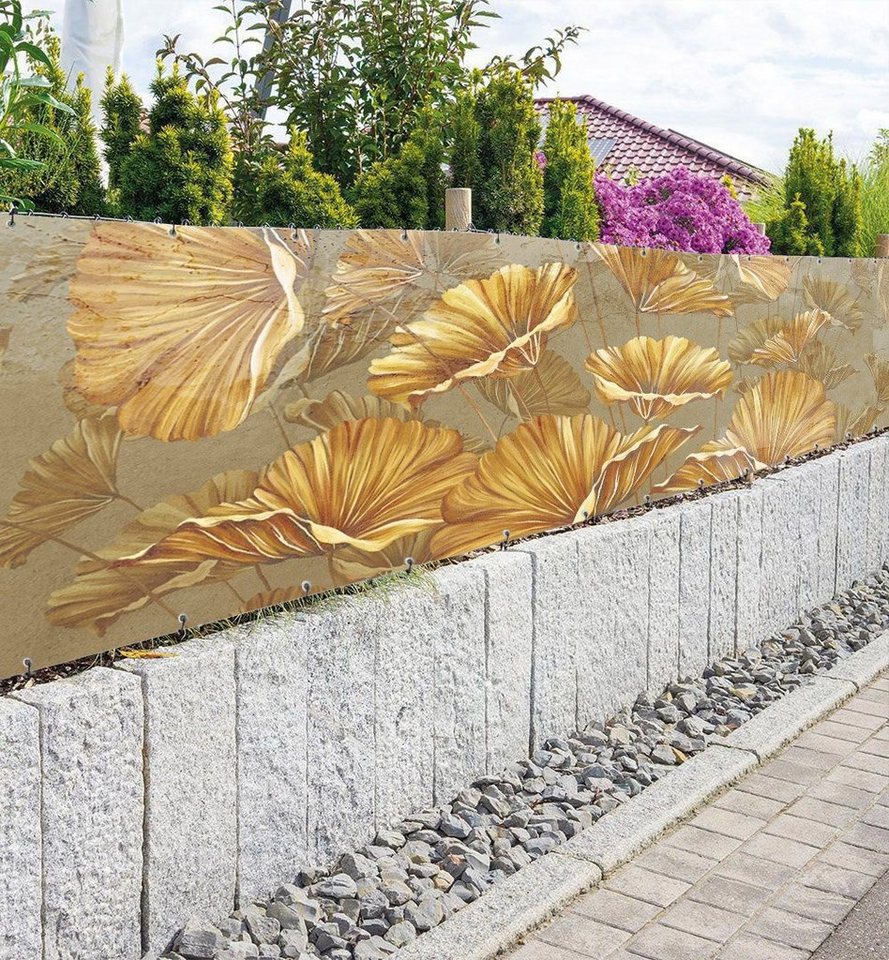 Thumbnail - MyMaxxi Sichtschutzzaunmatten Zaunbanner gezeichnete Blüten gold Sichtschutz Garten Zaun