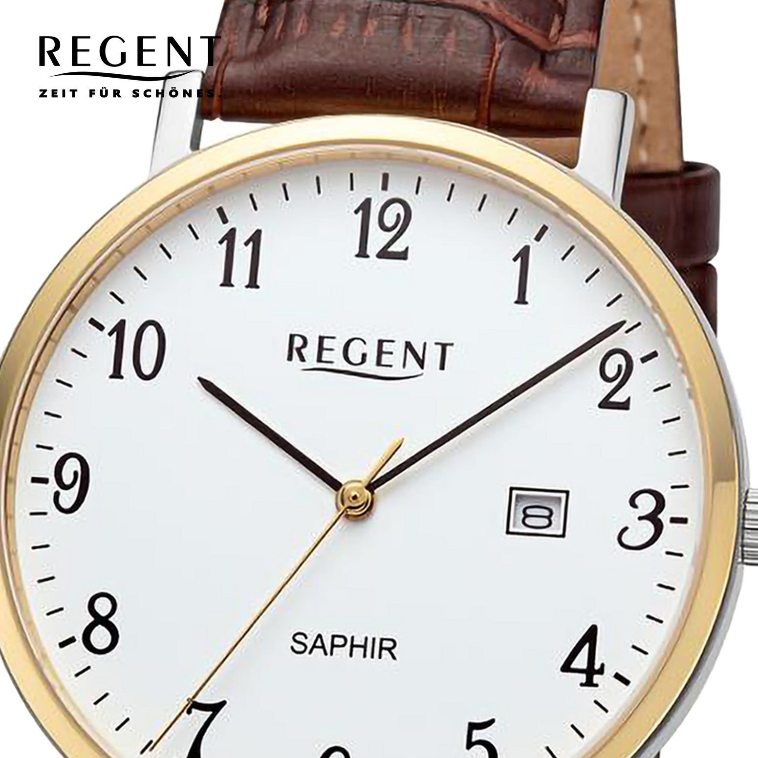 Regent Quarzuhr Herren extra Regent (ca. groß Analog, 40mm), rund, Lederarmband, Armbanduhr Datum Armbanduhr Herren
