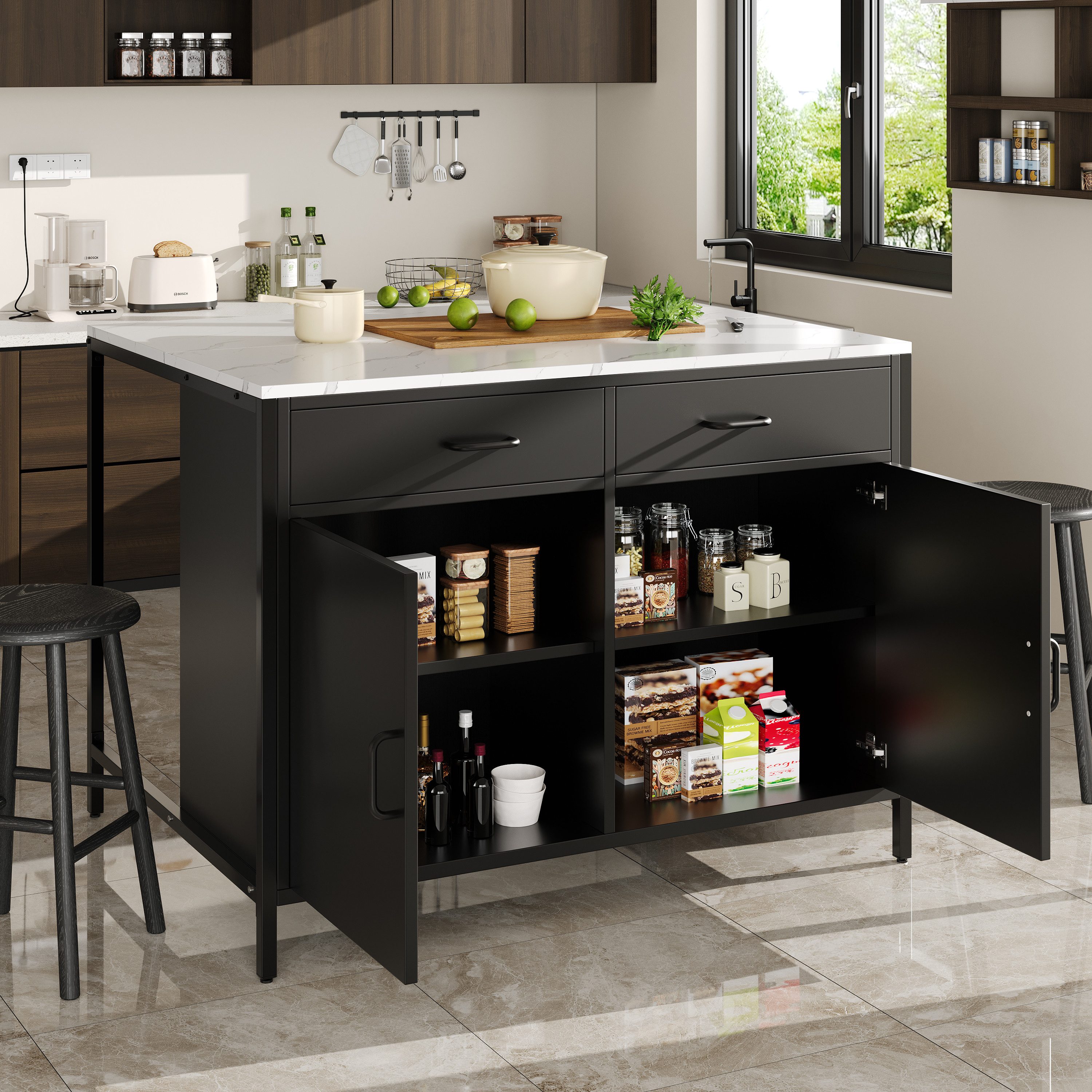 STILVORA Bartisch Buffetschrank mit Arbeitsplatte,Bartisch mit Stauraum,MDF,Schwarz (Schwarzer Stehtisch mit Marmorstruktur – 100x90x90 cm – Verstellbare Füße – Multifunktional für Wohnzimmer, Esszimmer & Home Office – Modernes Design aus MDF mit Eisenbeinen – Ideal für stilvolle Einrichtung & flexible Nutzung, 100 x 90 x 90 cm (L x B x H)