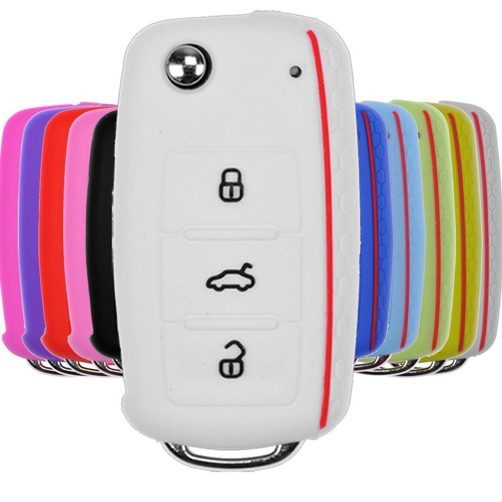 mt-key Schlüsseltasche Autoschlüssel Softcase Silikon Schutzhülle im Wabe Design Weiß, für VW SEAT Skoda Golf 6 Octavia UP Leon ab 11/2009 3 Tasten
