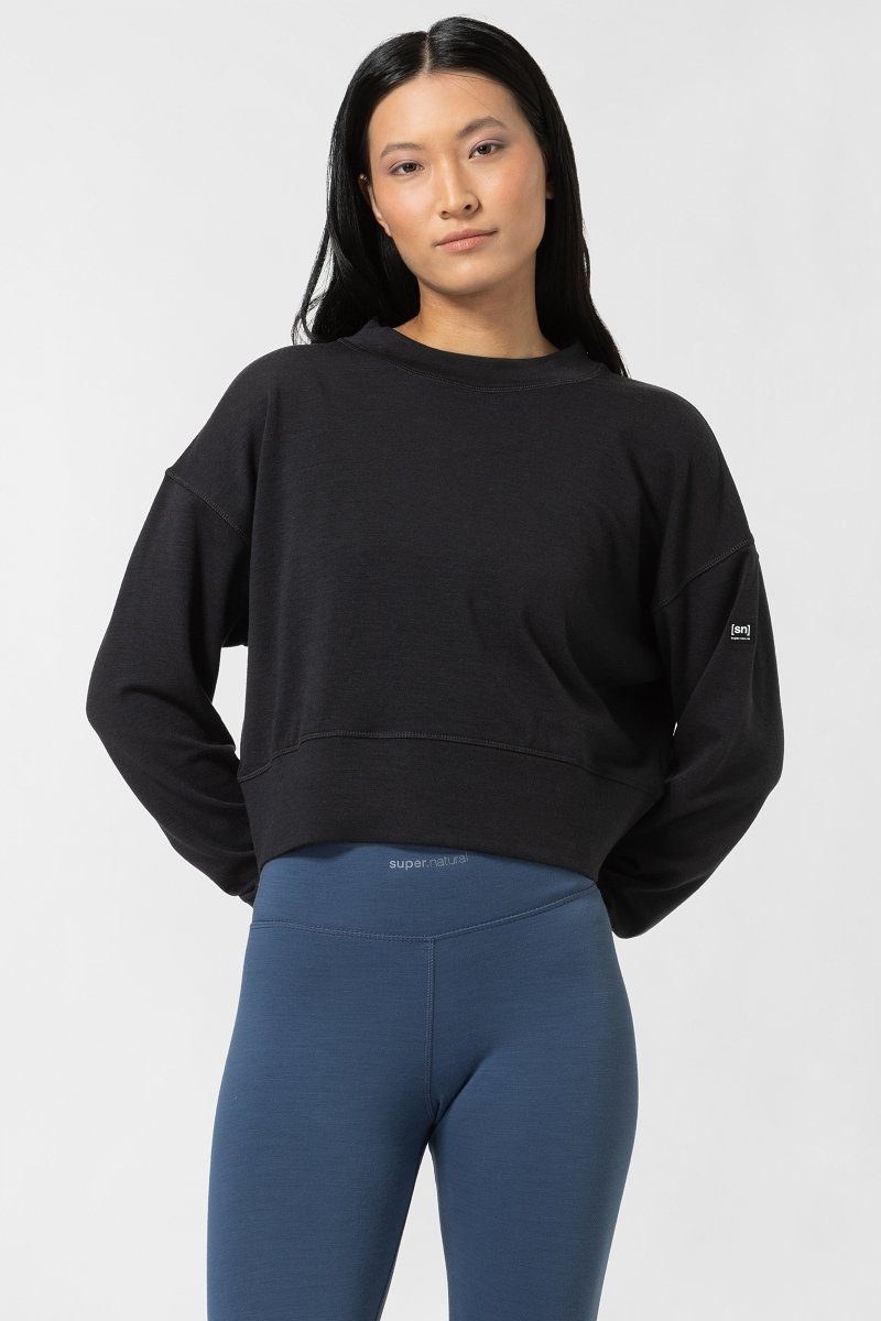 SUPER.NATURAL Sweatshirt Merino Sweatshirt W KRISSINI SWEATER lässiger Merino-Materialmix Jet Black