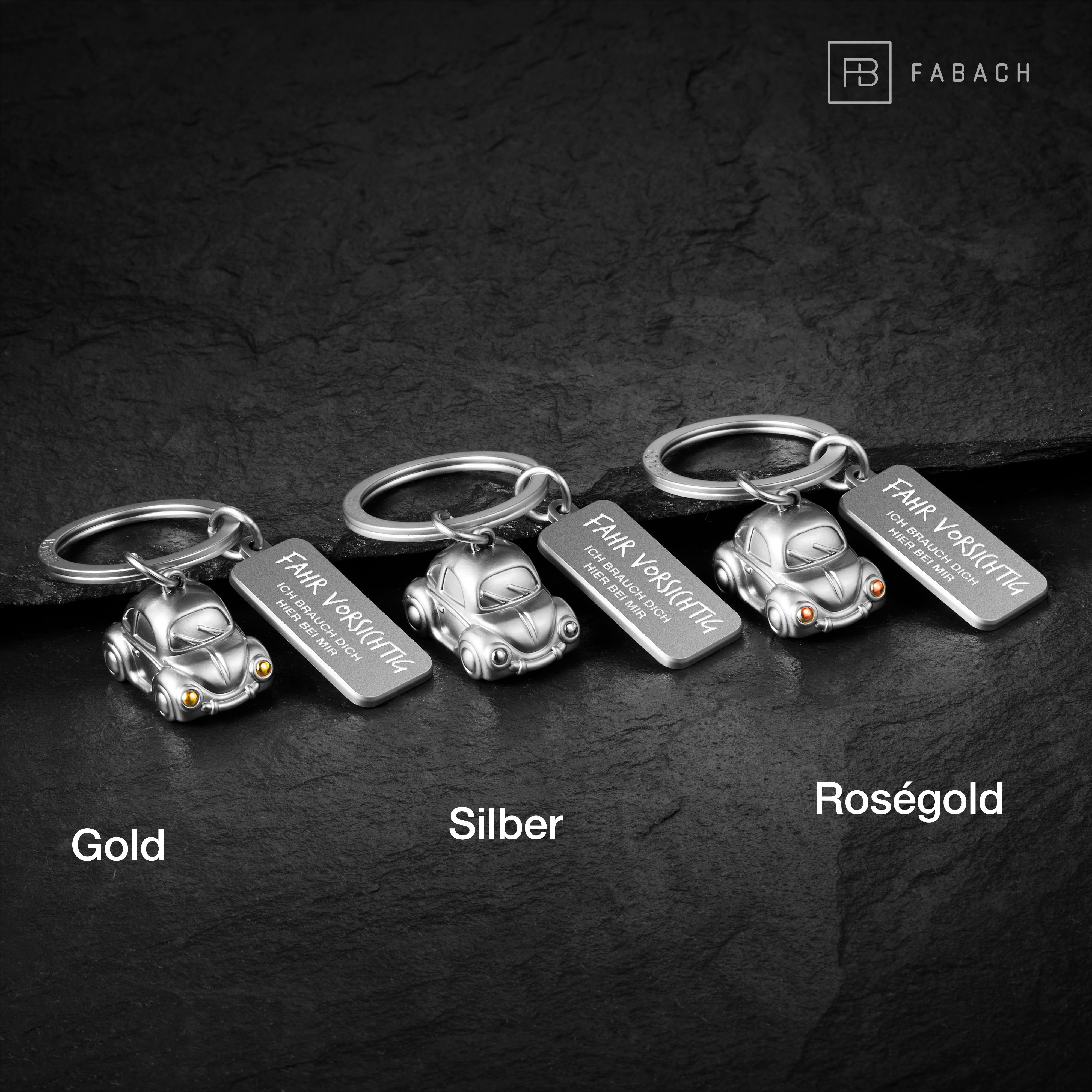 vorsichtig" "Fahr "Car" Auto mit Glücksbringer FABACH Miniatur - Schlüsselanhänger Gravur Gold
