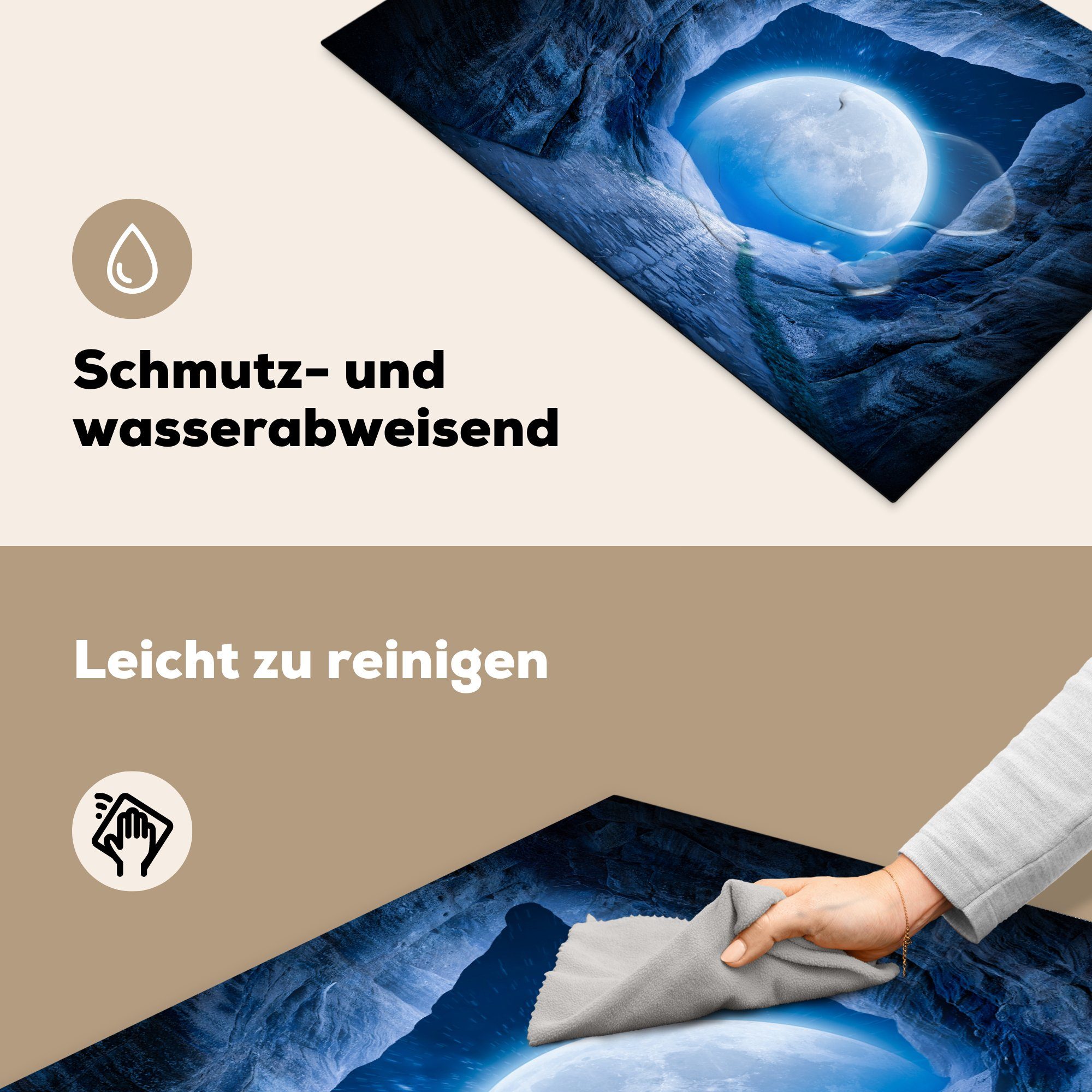 Ceranfeldabdeckung, - Universum tlg), Höhle Herdblende-/Abdeckplatte Vinyl, Blau, küche Arbeitsplatte - Weltraum MuchoWow - 77x51 cm, für Mond - (1