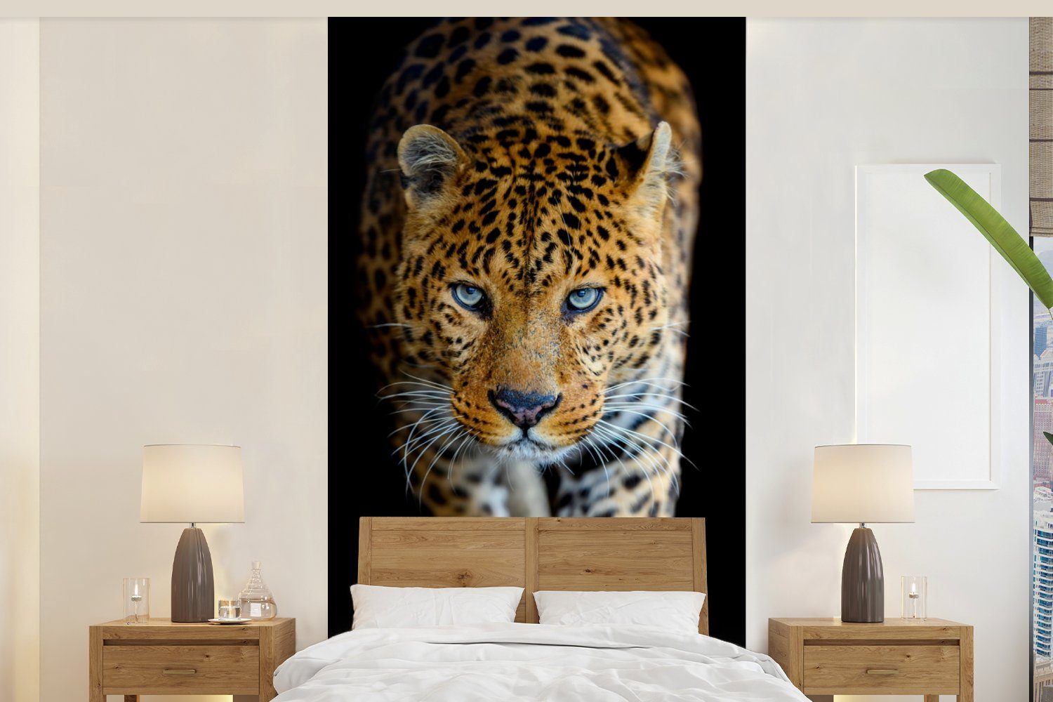 MuchoWow Fototapete Leopard - Tiere - Porträt - Wildtiere - Schwarz, Matt, bedruckt, (2 St), Vliestapete für Wohnzimmer Schlafzimmer Küche, Fototapete