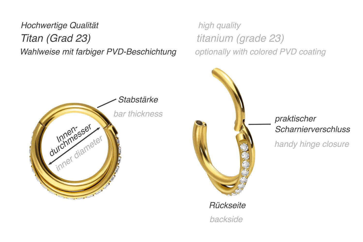 PIERCINGLINE Nasenpiercing Titan Segmentring Clicker 2 RINGE ÜBERKREUZT + EINGEFASSTE KRISTALLE (Clicker, 1-tlg), Ohrpiercing für Conch, Helix, Tragus, Daith, Lobe