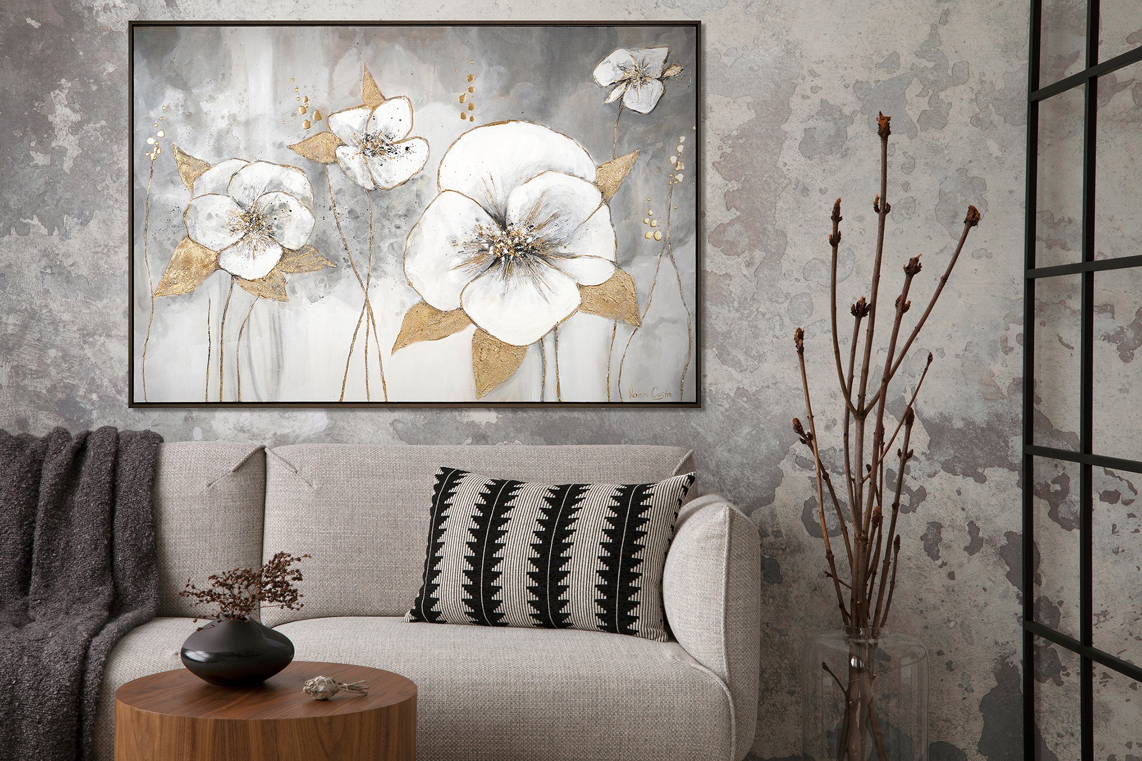 YS-Art Gemälde Goldene Blüten, vorm Spiegel mit Frau Rahmen Leinwndbild