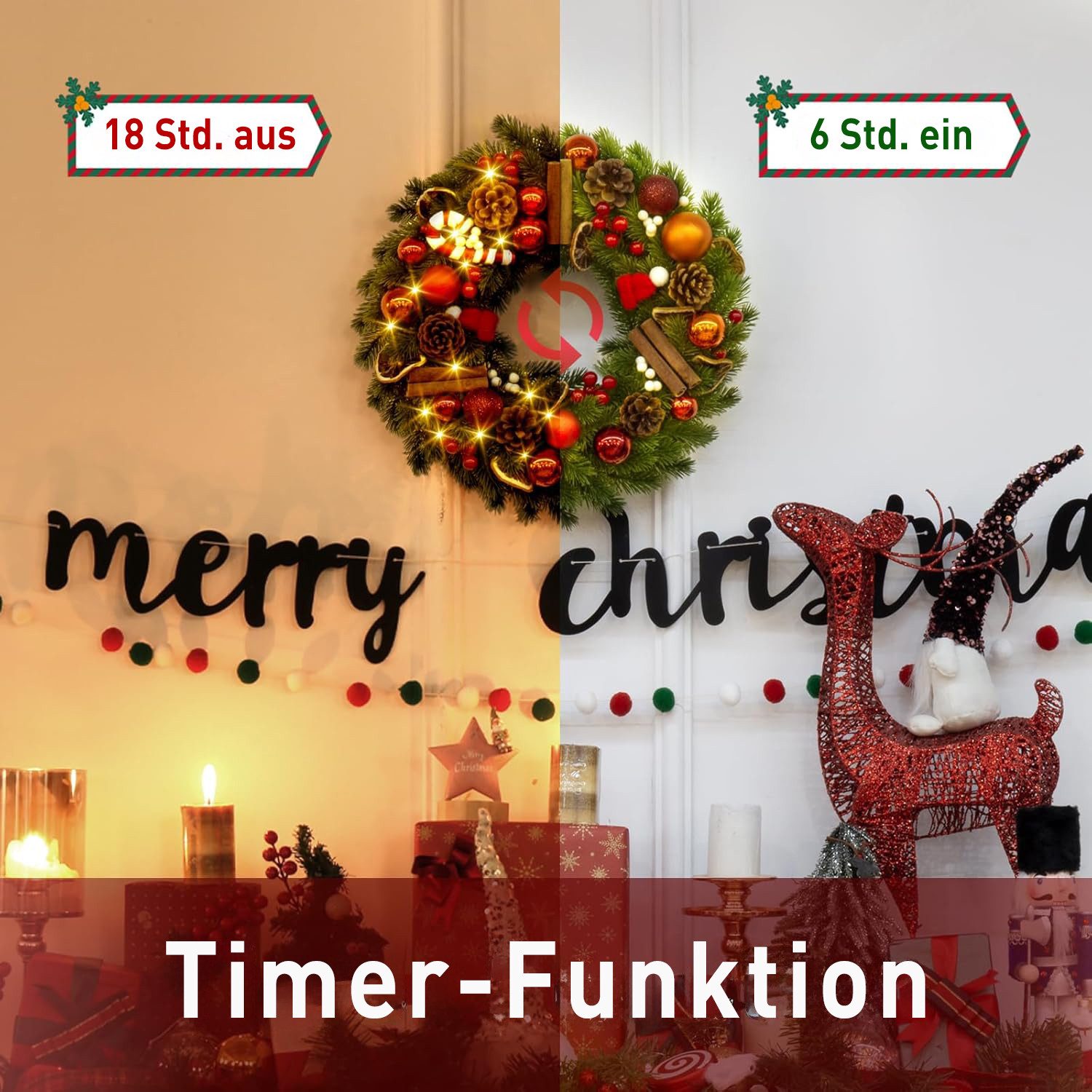 Kunstkranz Türkranz girlande weihnachten mit LEDs, weihnachtsdeko 40/60cm, Quntis, mit Zuckerstange, Zitronenscheiben und Weihnachtskugeln – Bild 2 von 5
