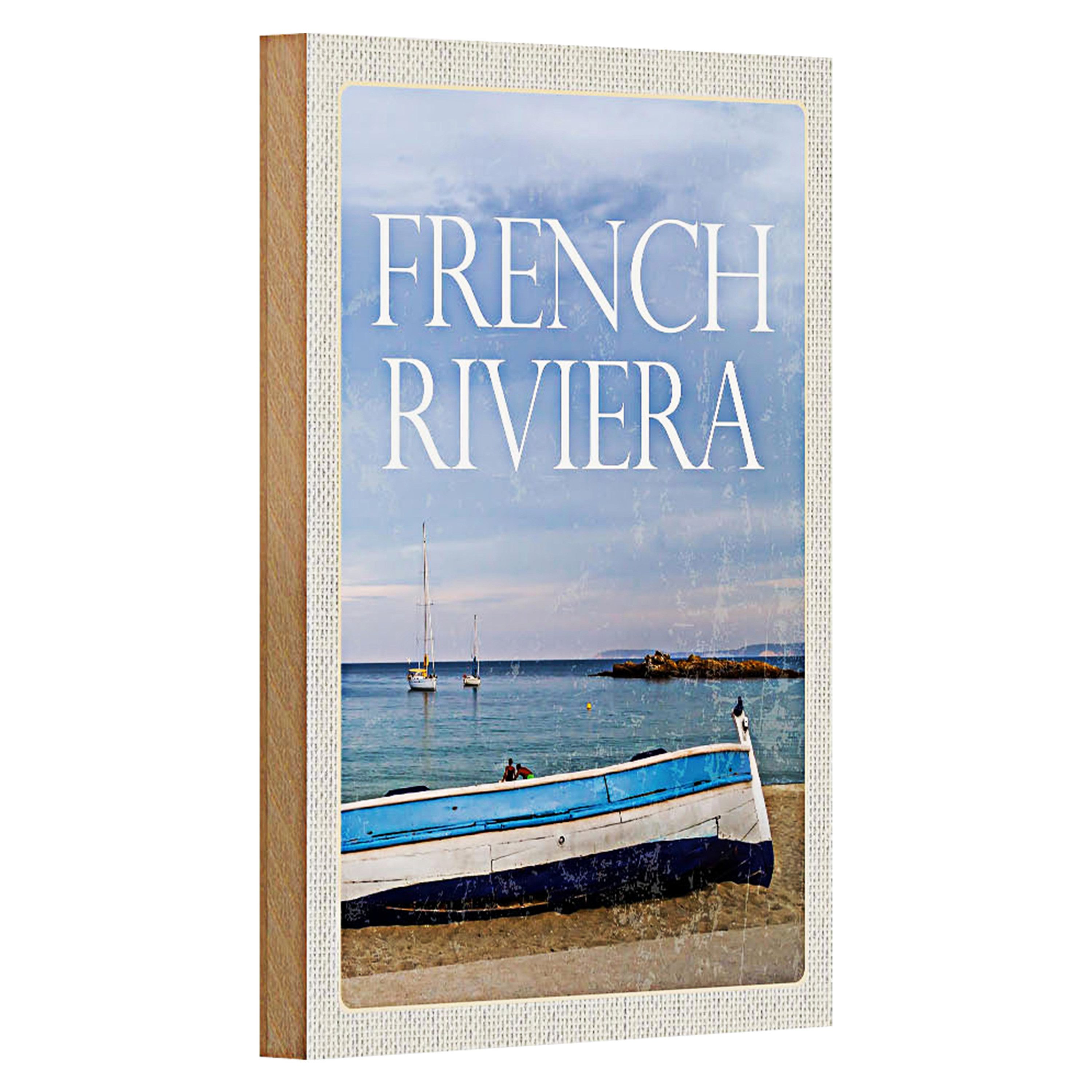 Roomando Holzbild Reise 12x18cm Retro french riviera Meer Boot Urlaub