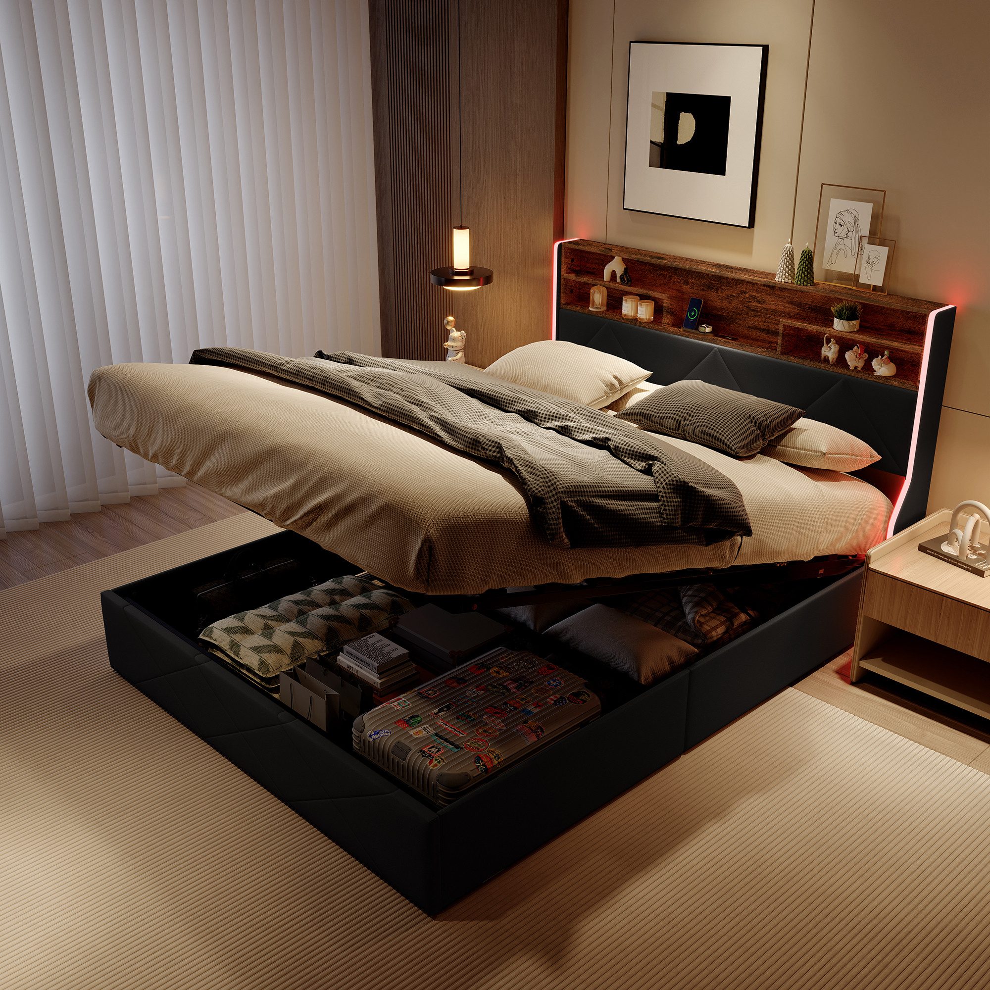 Simurq Stauraumbett Bett 140x200 mit Hydraulisch Stauraum,Polsterbett mit LED Kopfteil&USB (Jugendbett Bettgestell aus holz, Doppelbett mit Bettkasten & Lattenrost, Ablage-Kopfteil, Schwarz PU)