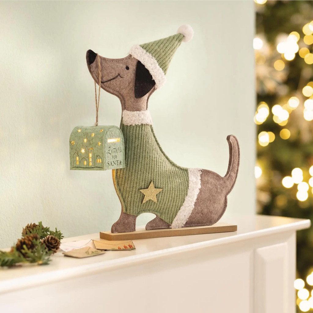 Home-trends24.de LED Dekofigur LED Deko Figur Dackel mit Postbox Filz MDF Sockel Weihnachten 2tlg. – Bild 2 von 5