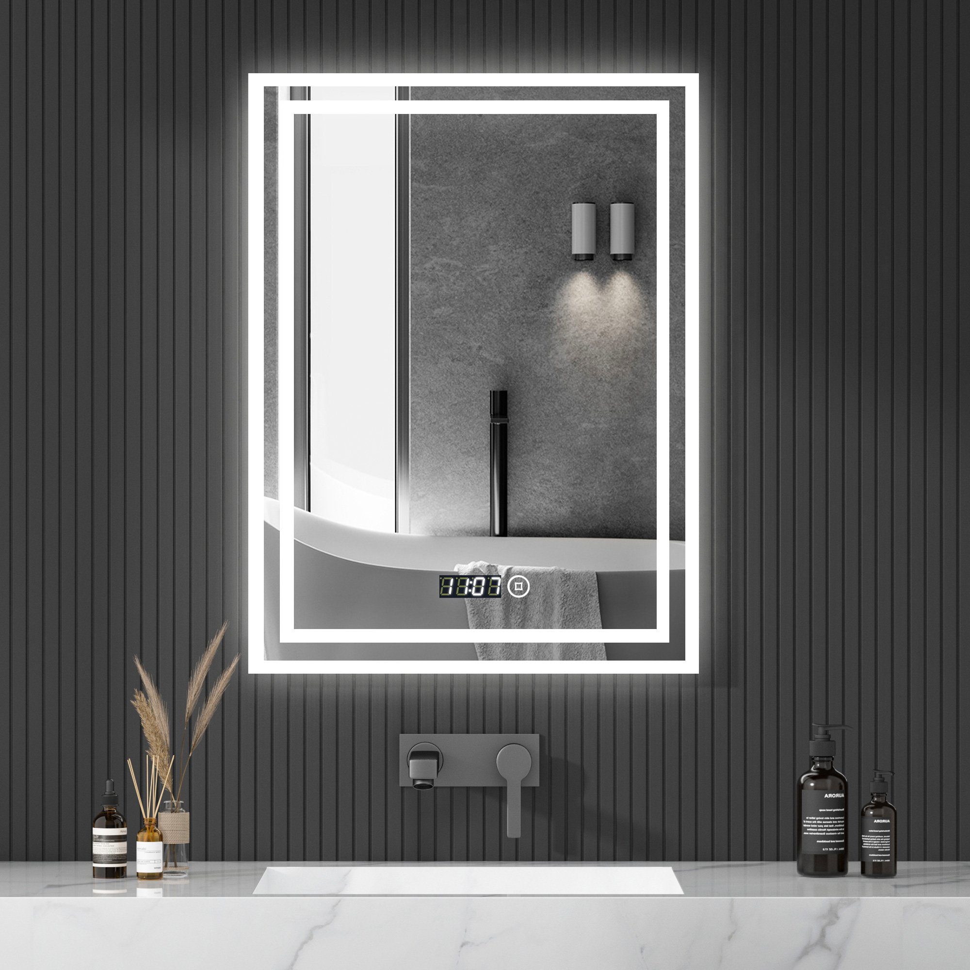 WDWRITTI Wandspiegel LED Spiegel Badspiegel 50x70 mit Uhr Touch Kalt/Neutral/Warmweiß (Dimmbar, Speicherfunktion), Energiesparende, IP44