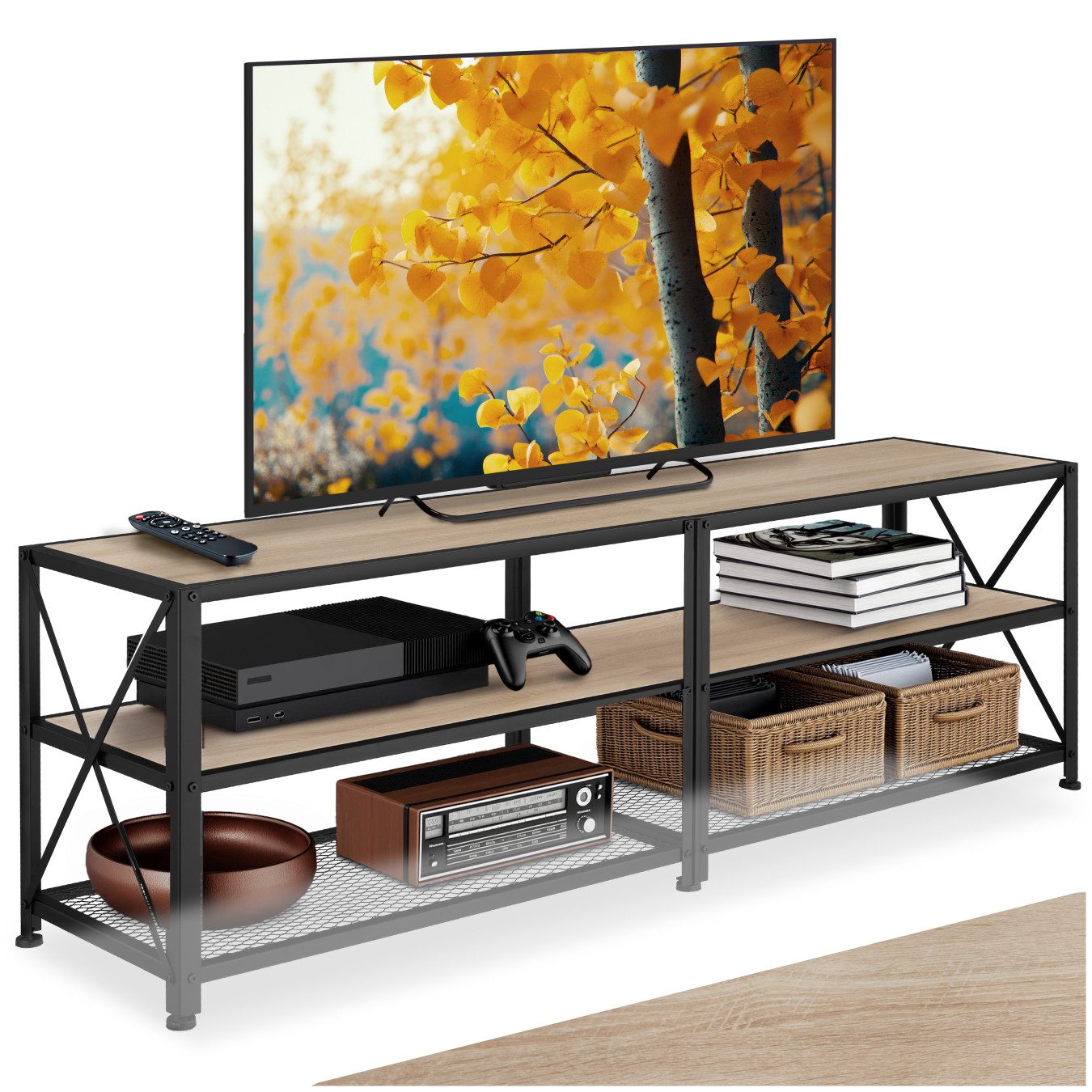 tectake Lowboard TV-Schrank, 161 x 41,5 x 50,5 cm, Industrial Style, Holz und Stahl (Fernsehboard Indianapolis, in Industrial Holz hell, Eiche Sonoma), 3 offene Etagen, seitliche X-Streben, höhenverstellbare Kunststofffüße