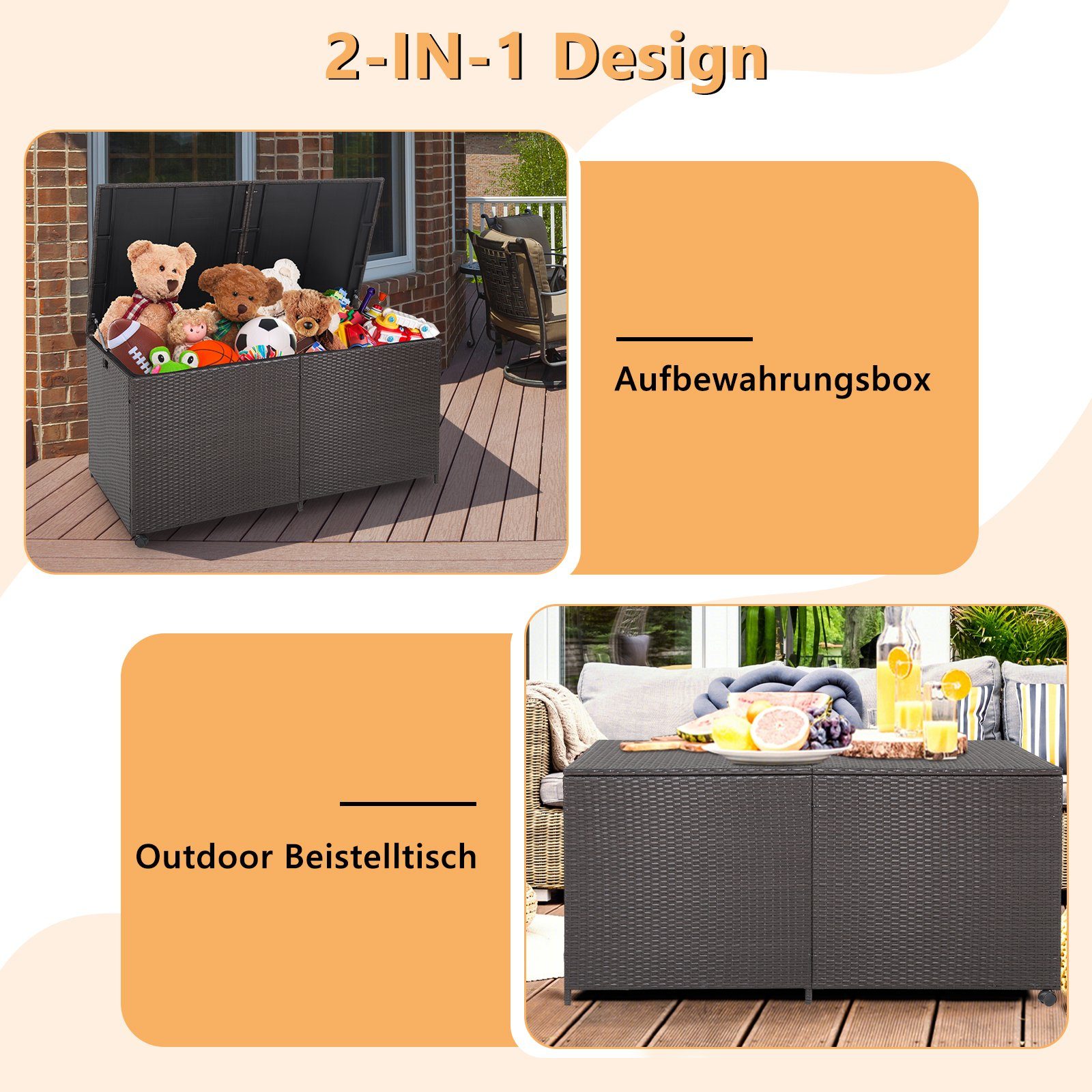 COSTWAY Auflagenbox 662L, wasserdicht, Rattan, mit Rollen, Gartenbox groß