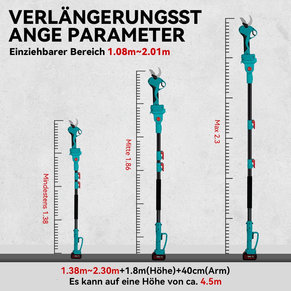 ONEVAN Akku-Astschere Teleskop 45cm Elektrische Gartenschere, 2m Teleskopstange, (mit 2x Akku), 2 in 1 Astschere Teleskop für Baum und Gartenpflege