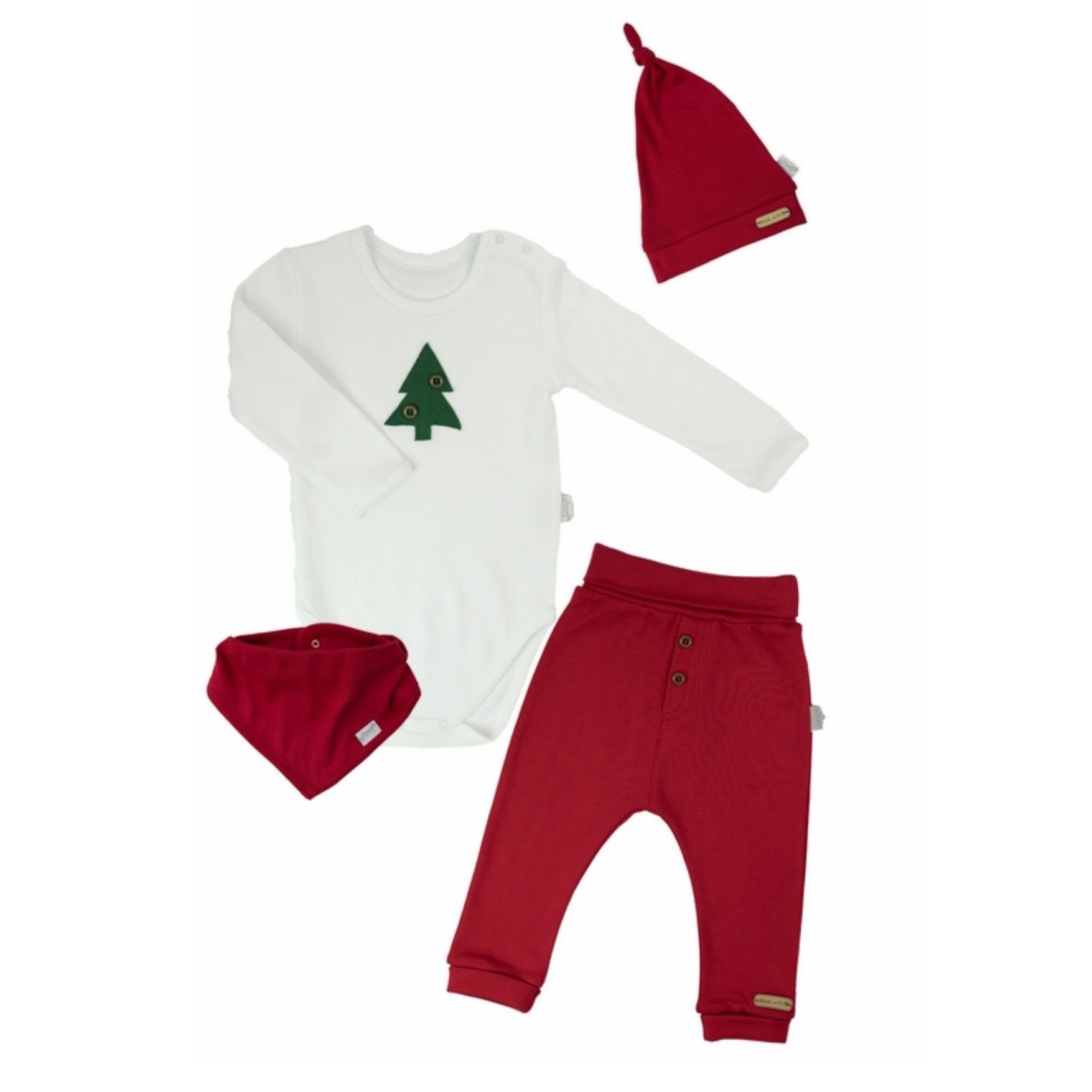 Babymajawelt Erstausstattungspaket Baby Weihnachts Bekleidung Set, 4er Geschenk Set, Ausstattung, Xmas (4 Teile: Langarmbody, Hose, Mütze, Halstuch) Reine Baumwolle, Sabberlatz mit Druckknöpfen, Made in EU