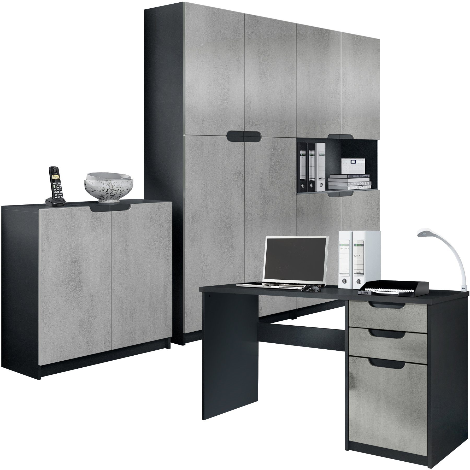 Vladon Aktenschrank Logan (Büromöbel-Set, 4-St., mit 1 Schreibtisch, 2 Schränken und 1 Kommode) Schwarz matt/Beton Oxid Optik (246 x 60 x 185 cm) Fronten in Beton Oxid Optik