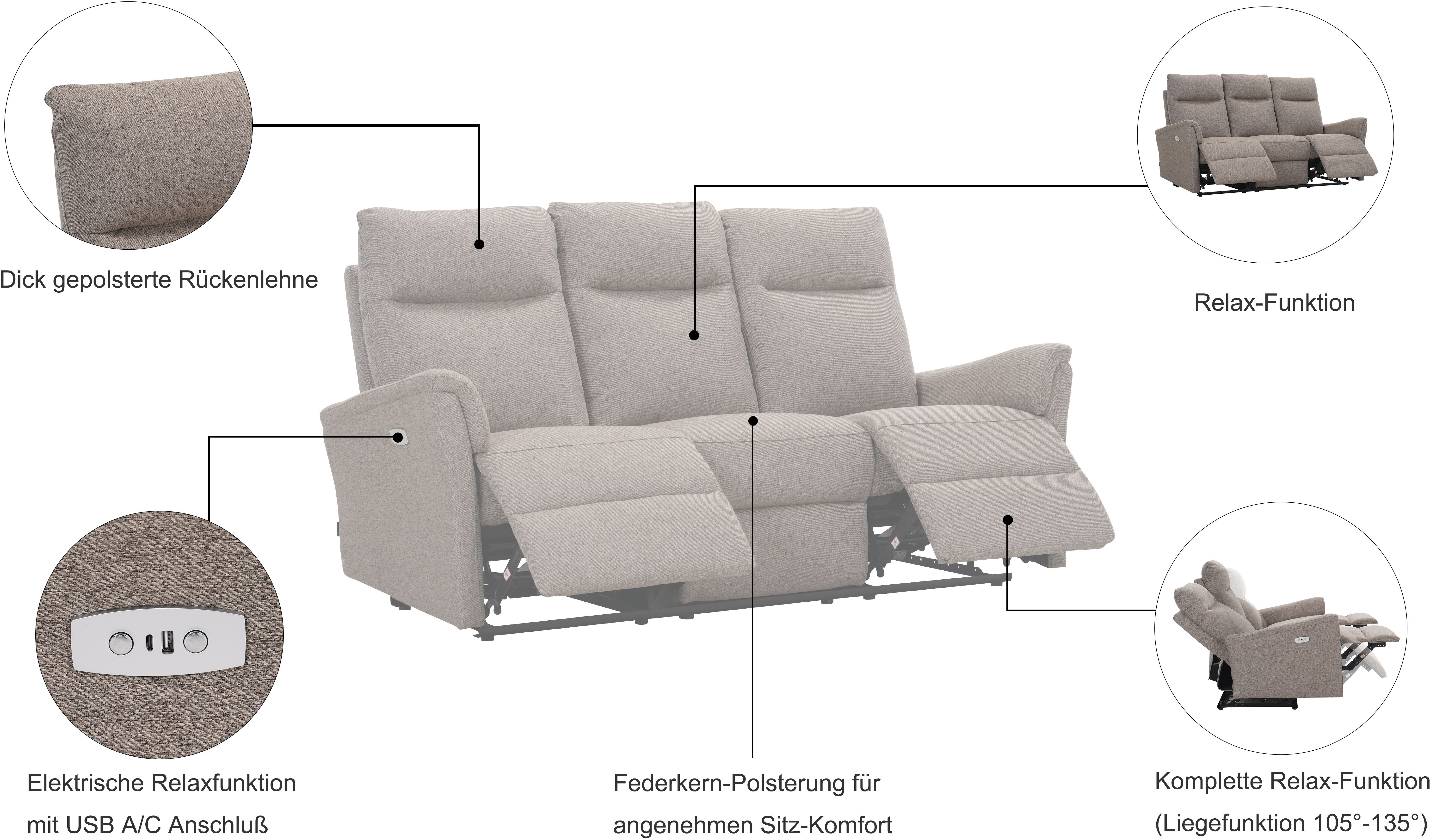 Home affaire 3-Sitzer FINNARA, 3-Sitzer,elelektrische Relaxfunktion in 2 Sitzen, USB A/C, Liegefunktion 105°-135°, Federkern – Bild 4 von 5