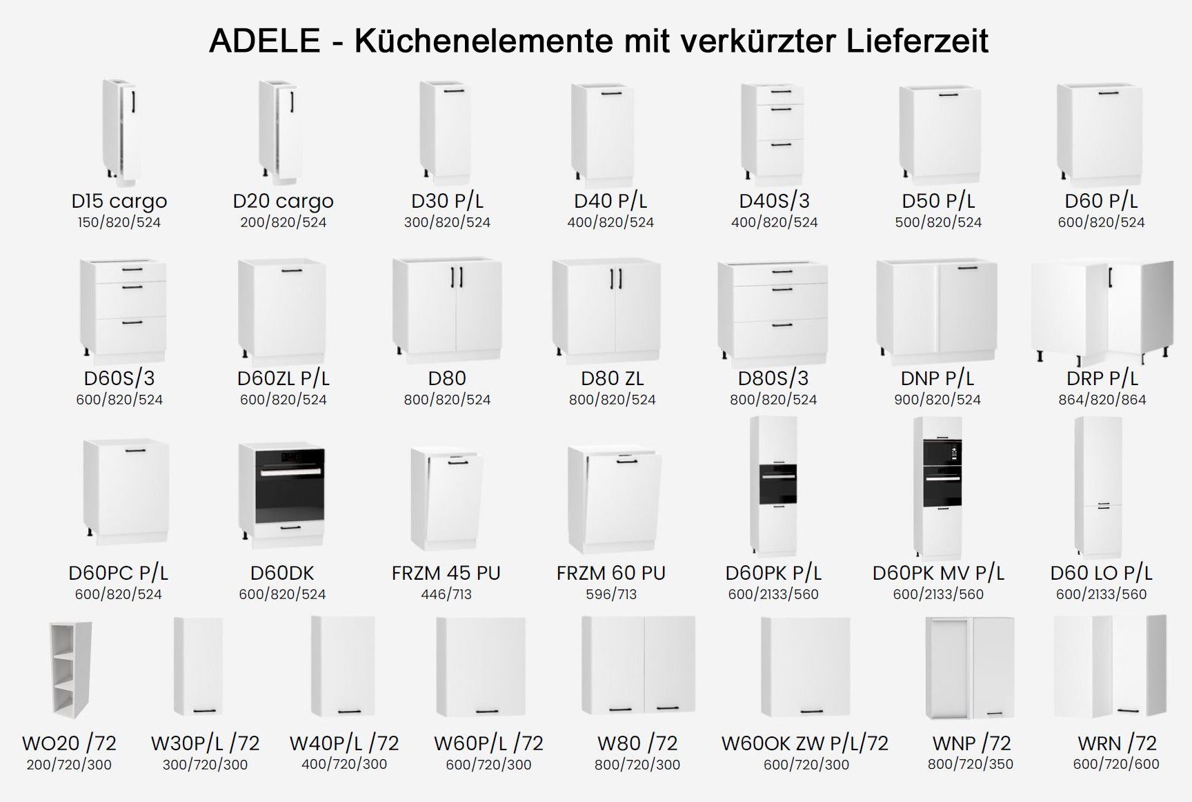 Möbel für Dich Winkelküche Eckküche im Landhausstil 260x170 cm Adele 8-teilig, mit Rahmenfronten in Mattweiß, schwarze Metallgriffe