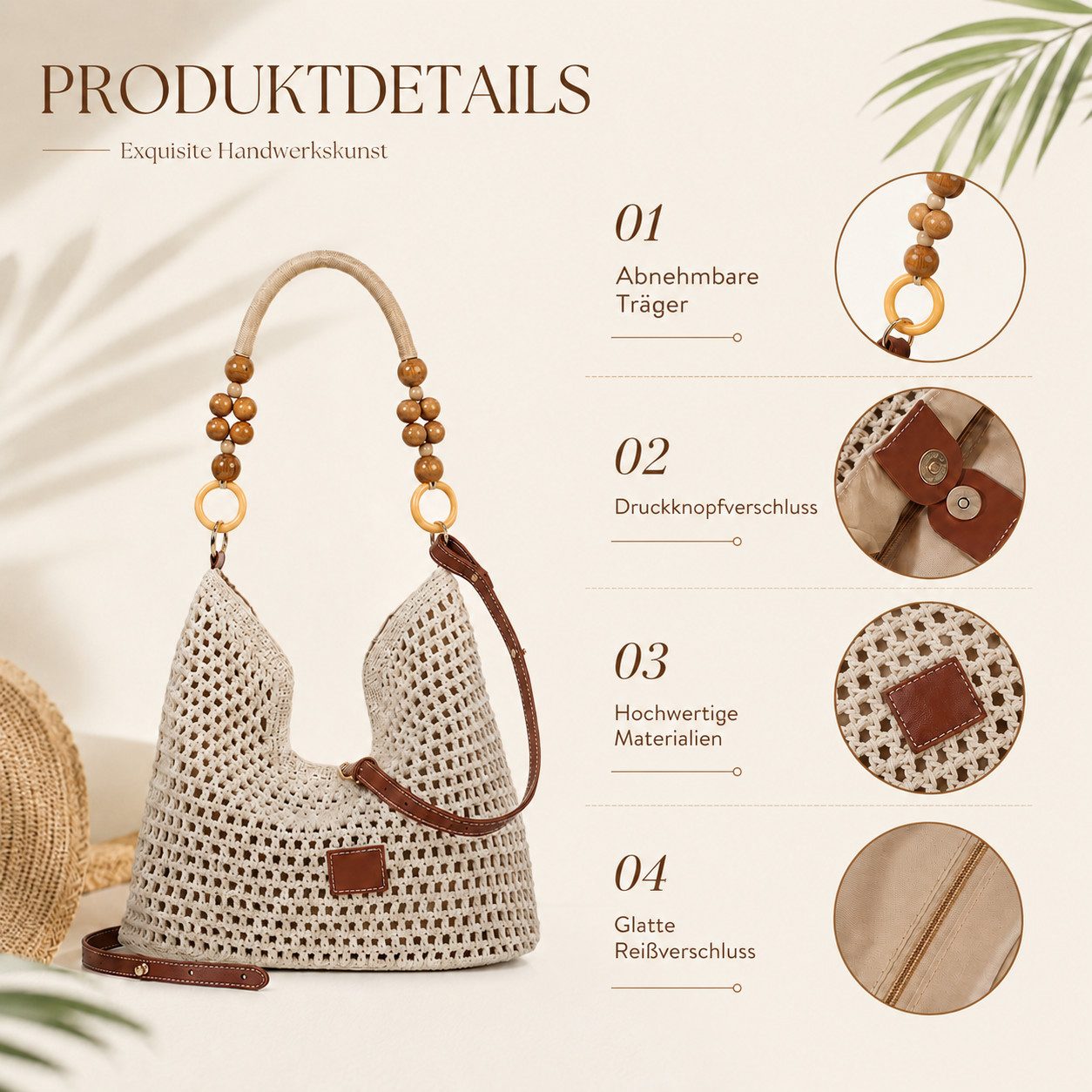 MOPUEA Strandtasche Damen-Umhängetasche, gehäkelt,Boho Straw Beach Bag, Achselhöhle (mit 2 abnehmbaren Trägern, Sommer-Umhängetasche, 1-tlg., Tragegriff oben für Reisen, für Shopping, Dating, Urlaub, Strand), große Kapazität, geeignet zum Tragen größerer Gegenstände