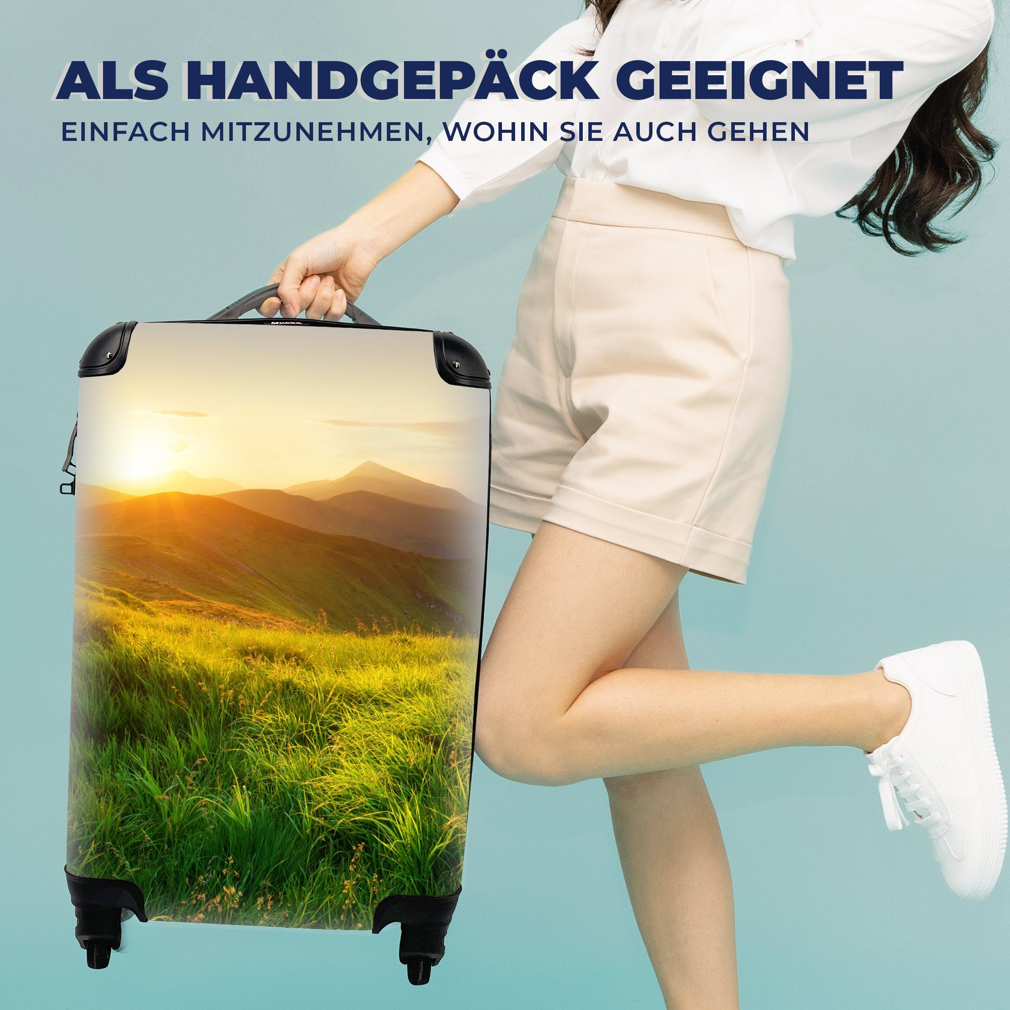 Reisetasche - Handgepäckkoffer Landschaft, Reisekoffer Handgepäck Gras Natur 4 - rollen, mit - für Rollen, - Trolley, Hügel Sonne Ferien, MuchoWow