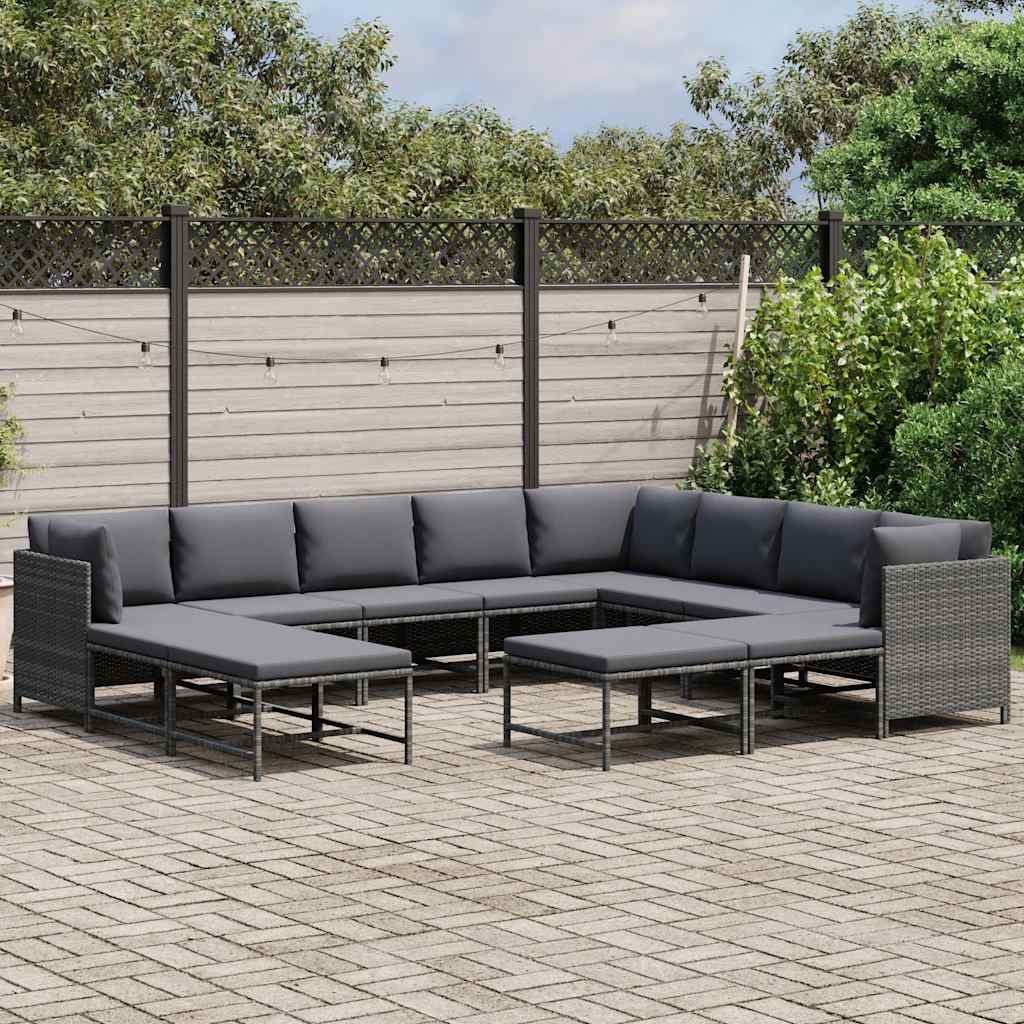 vidaXL Gartenlounge-Set 12-tlg. Garten-Lounge-Set mit Kissen Poly Rattan Grau, (1-tlg)