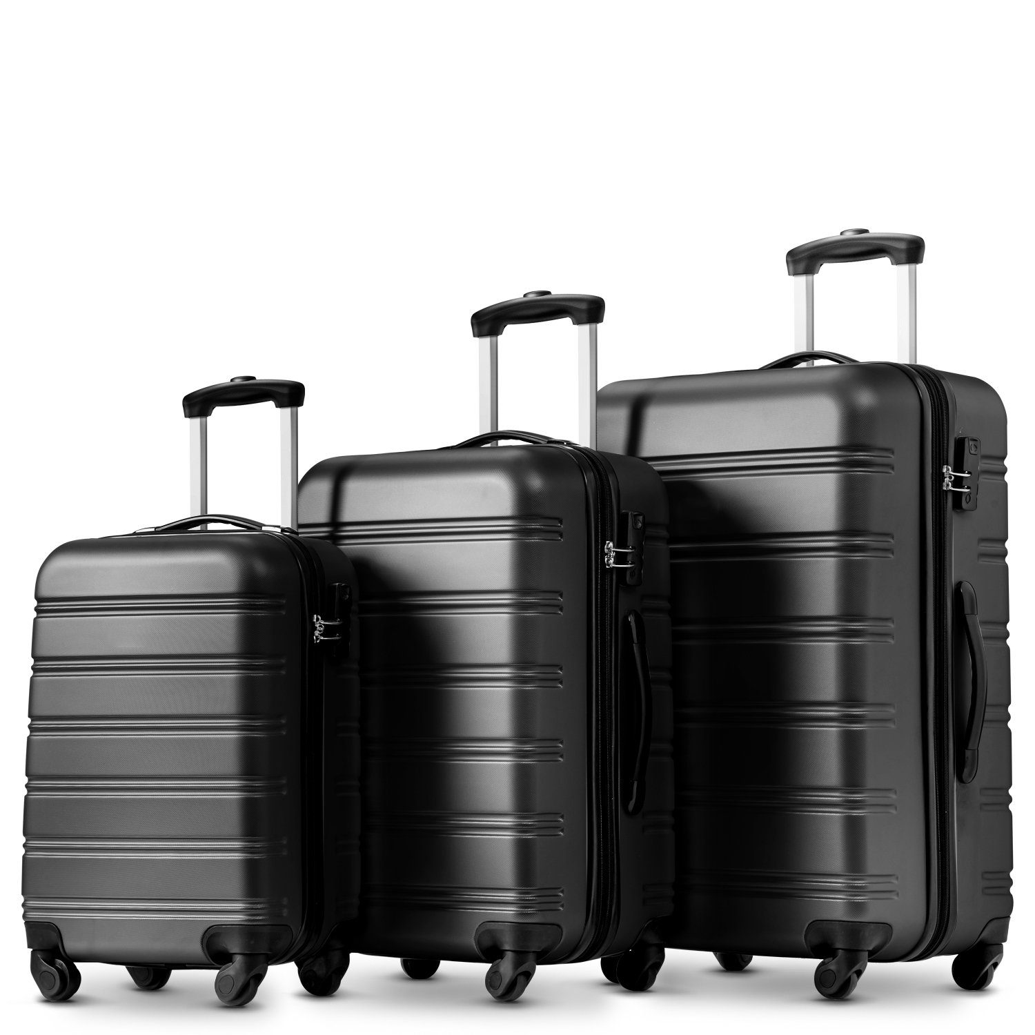 4 Trolley Rollen, Rollkoffer, Hartschalen-Koffer, OKWISH Handgepäck, Hartschalenkofferset Reisekoffer, Schwarz 3-tlg, ABS-Material