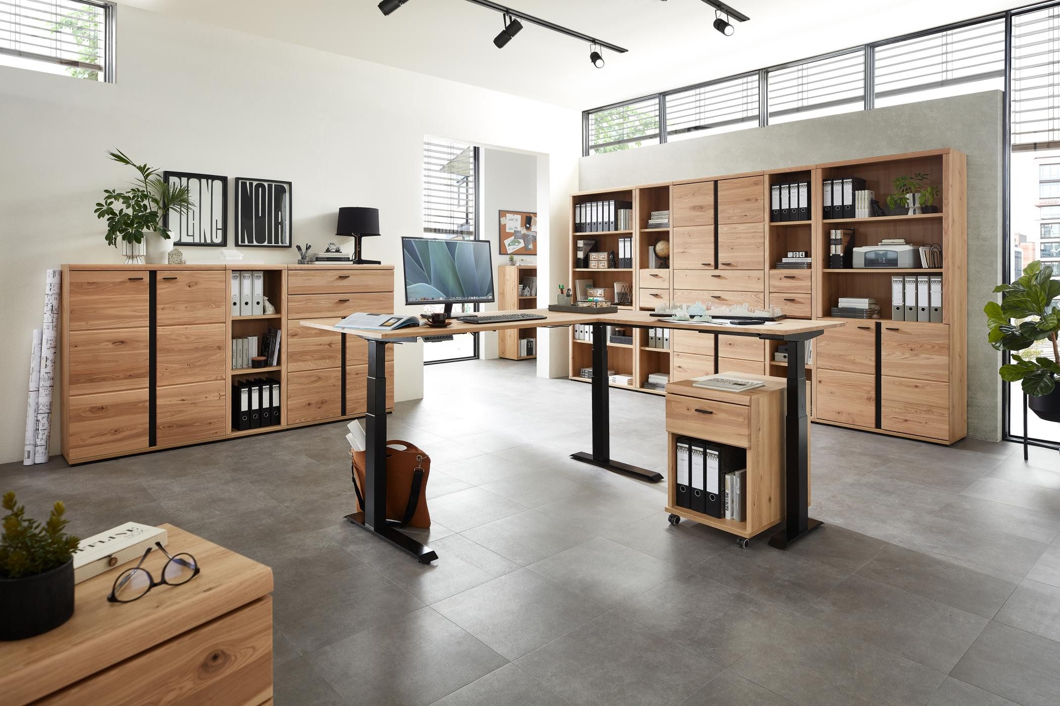 Innostyle Büromöbel-Set Komplettbüro SONOS II 10-teilig Front Altesche Massivholz gebürstet, (Komplett-Set, 10-tlg., 4x Schrank, 4x Regal, 1x Schreibtisch, 1x Rollcontainer)