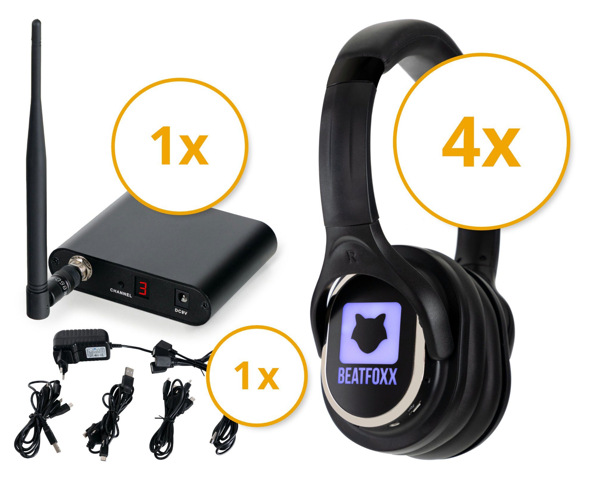 Beatfoxx SCBS-41 Silent Disco V2 Band Set mit 4 Kopfhörern und 1 Sender Funk-Kopfhörer (Wireless Stereo Kopfhörer für Silent Disco-Anwendungen, UHF-Technik, 3 empfangbare Kanäle)