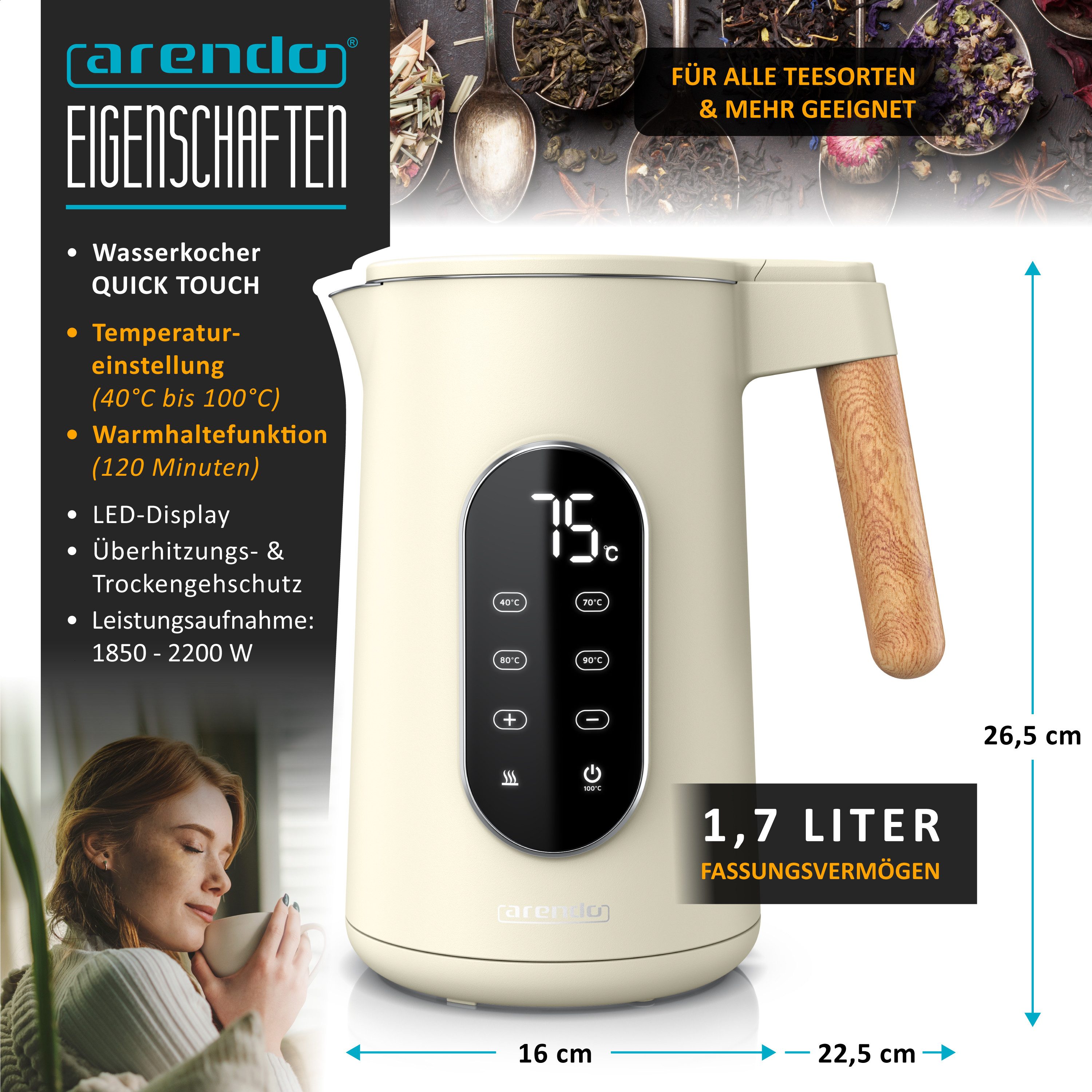 Arendo Wasserkocher Edelstahl, Doppelwand, Temperatureinstellung 40° - 100 °C mit Anzeige, 1,7 l, 2200 W, LED-Display, 5 Direktwahltemperaturen, Holzoptik-Griff, BPA-frei