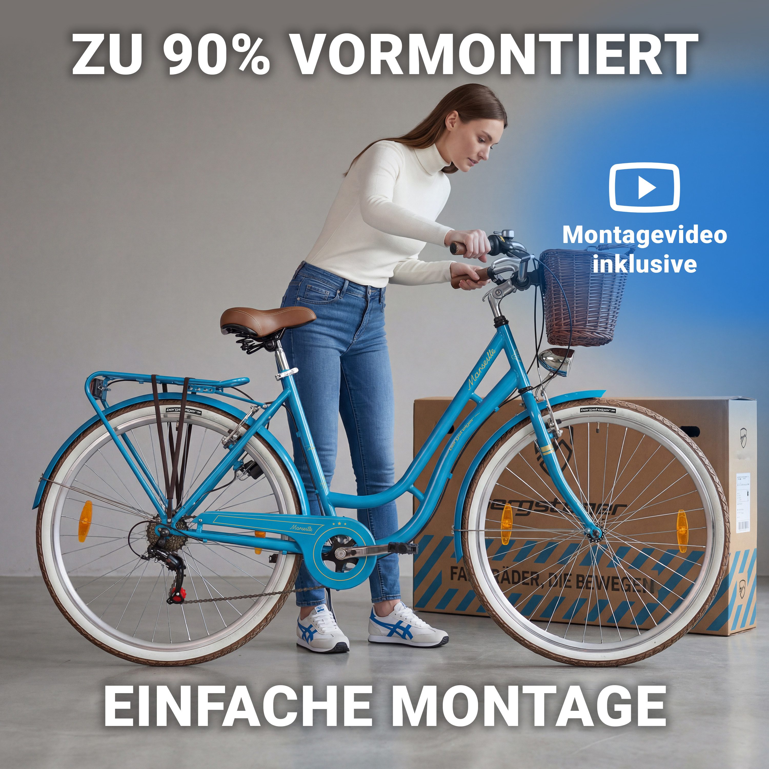 bergsteiger Cityrad Marseille 26 Zoll, 28 Zoll Damenfahrrad, ab 150 cm, Korb aus Rattan, 6 Gang, Kettenschaltung, V-Bremsen – Bild 5 von 5