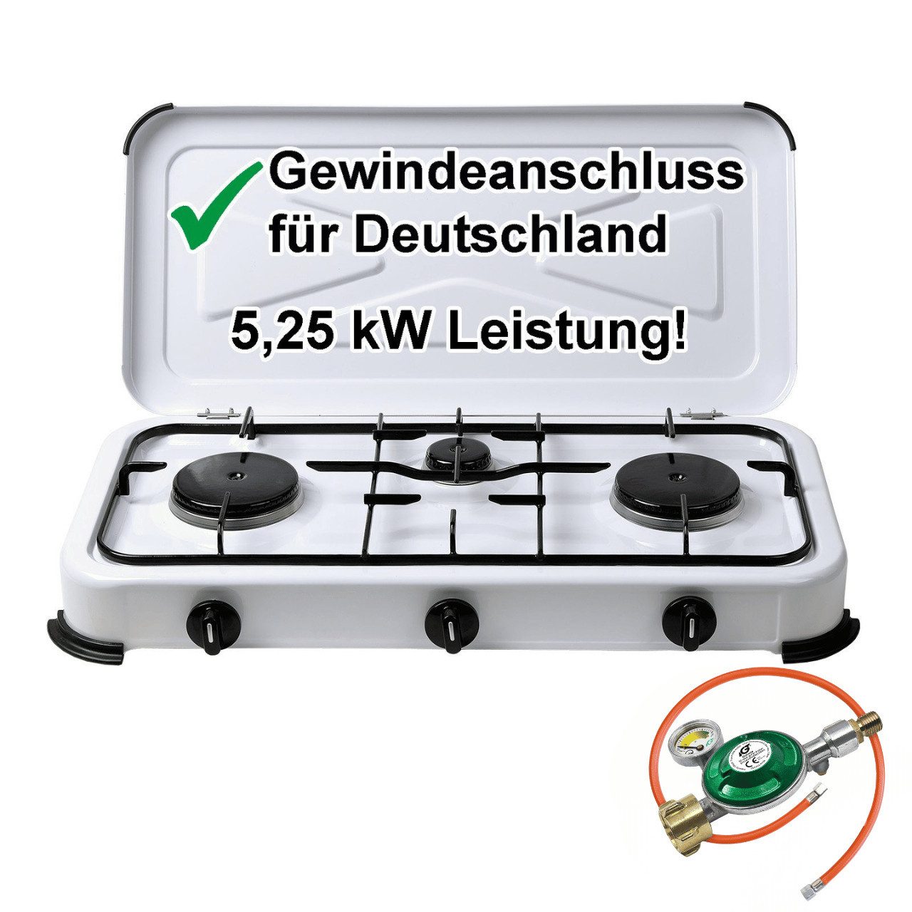 BlueCraft Gaskocher 3 flammig 50mbar Propan Gas Campingkocher 5,25 kW Gas-Kochfeld Gasherd, (mit Schlauch 100 cm und Gas Regler Druckminderer mit Manometer), Camping Gas Kocher 3 flammen für Gasflasche