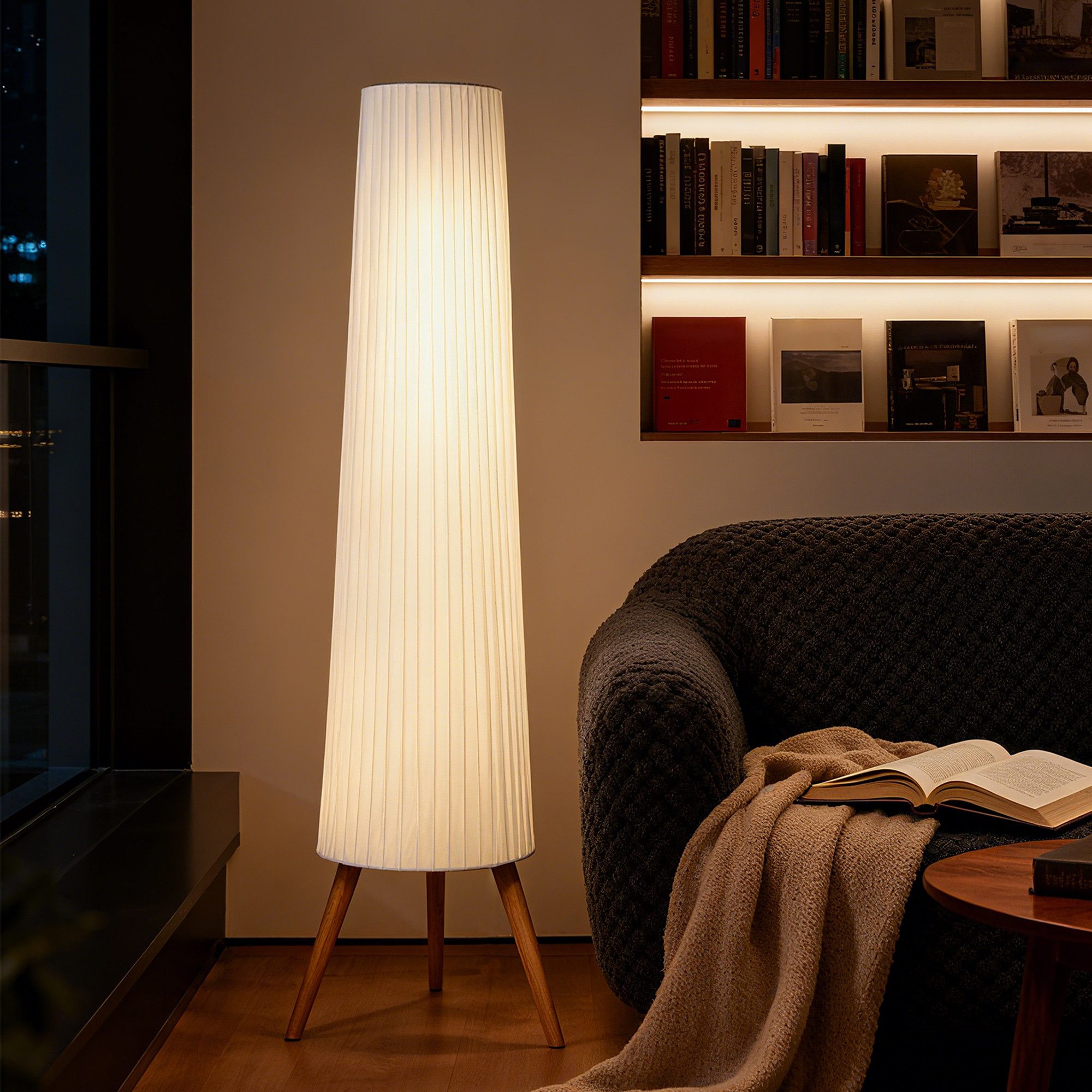 HOMCOM Stehlampe LED Dimmbar, Holz mit Dreibein, Stehleuchte mit Fußschalter, Dimmfunktion, LED fest integriert, Warmweiß, für Wohnzimmer Schlafzimmer, Weiß