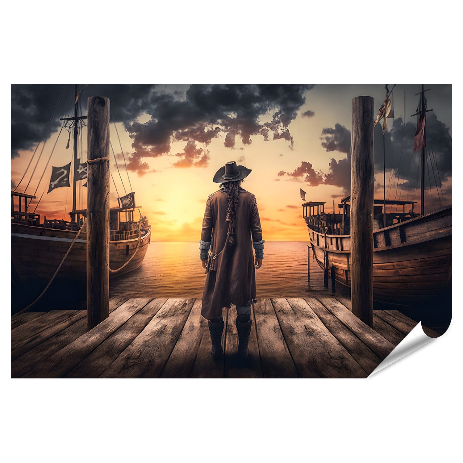 Poster piraten steht hafen mit blick auf alte segelschiffe meer son Bilder